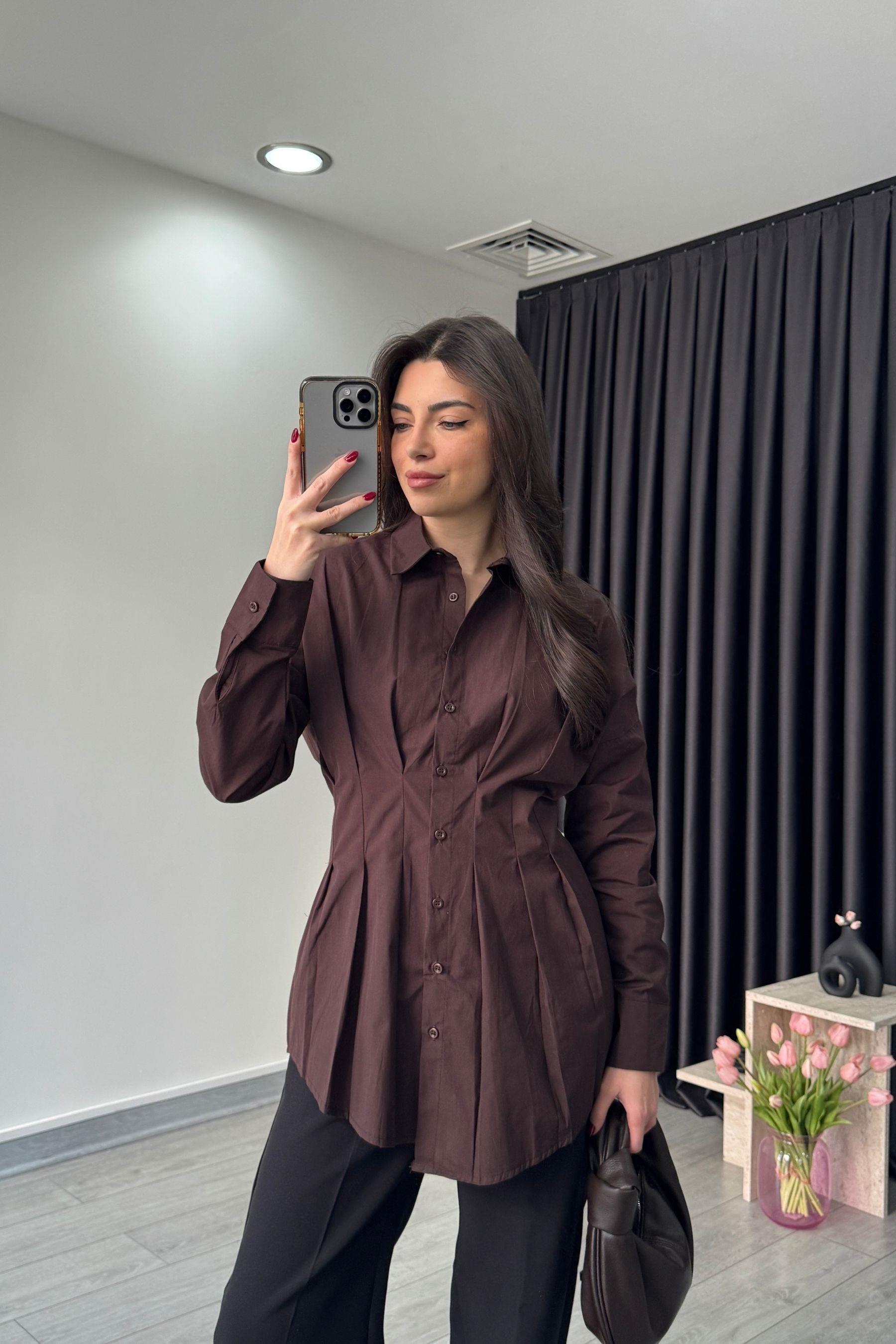 Nori Belden Oturtmalı Acı Kahve Poplin Gömlek