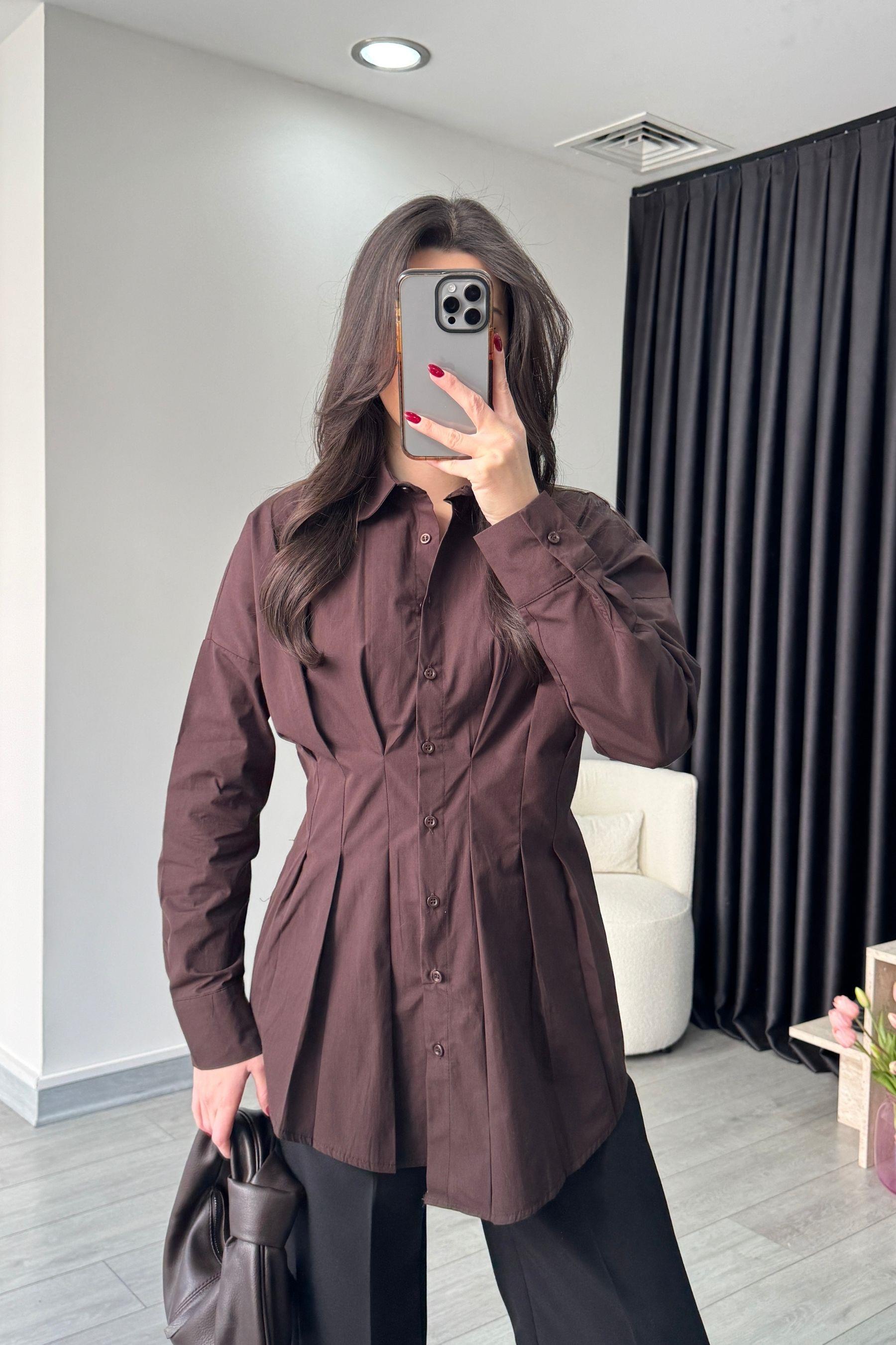 Nori Belden Oturtmalı Acı Kahve Poplin Gömlek
