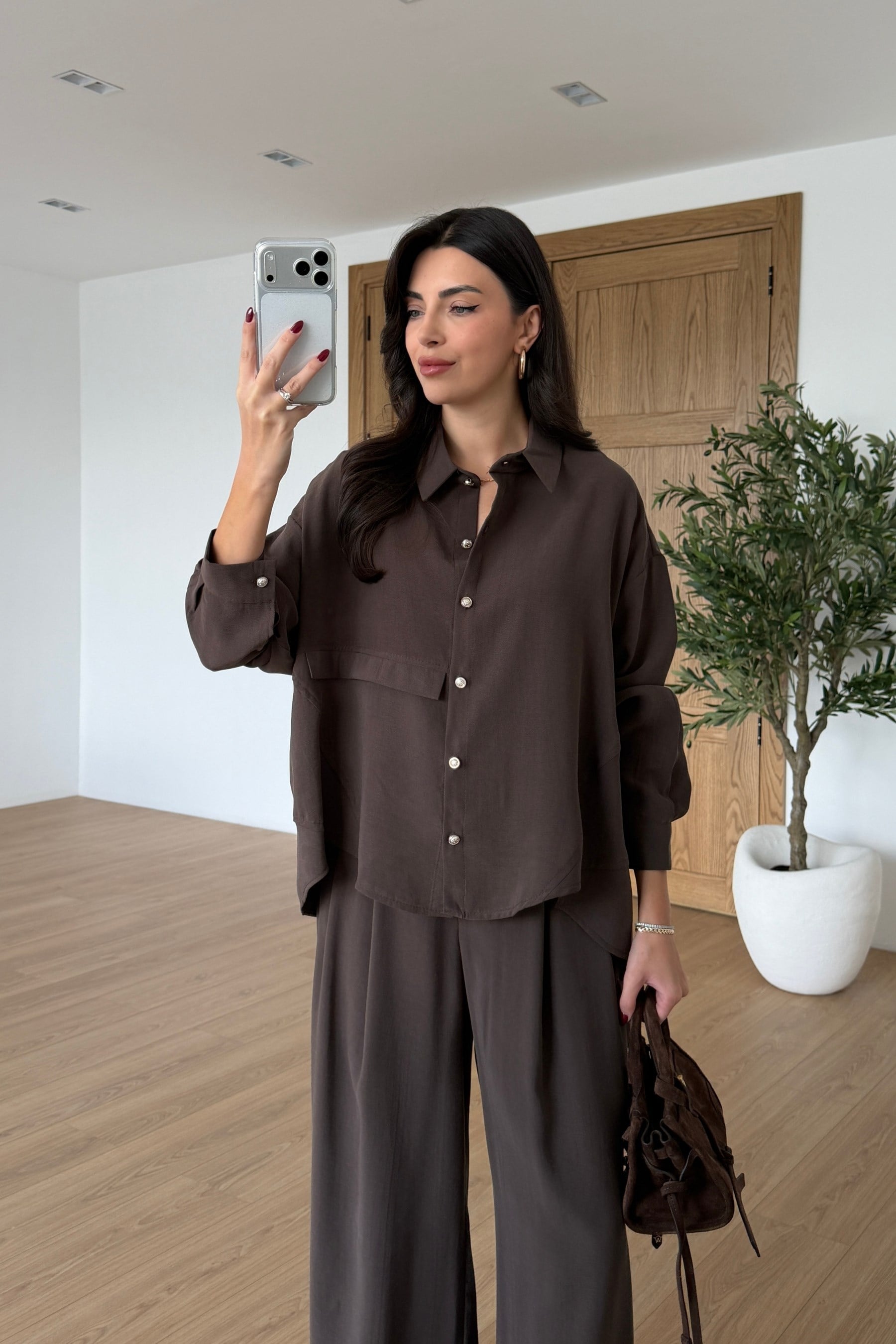 Nosta Kahve Kemerli Modal Bluz Pantolon Takım