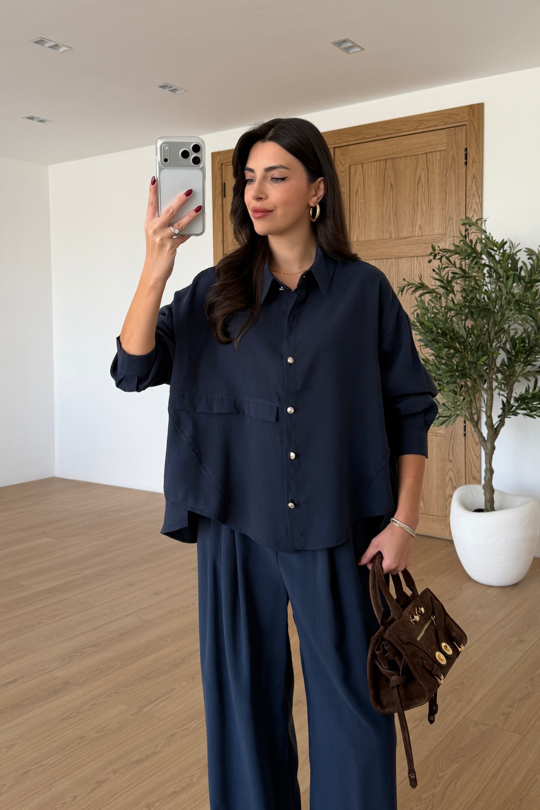 Nosta Lacivert Kemerli Modal Bluz Pantolon Takım