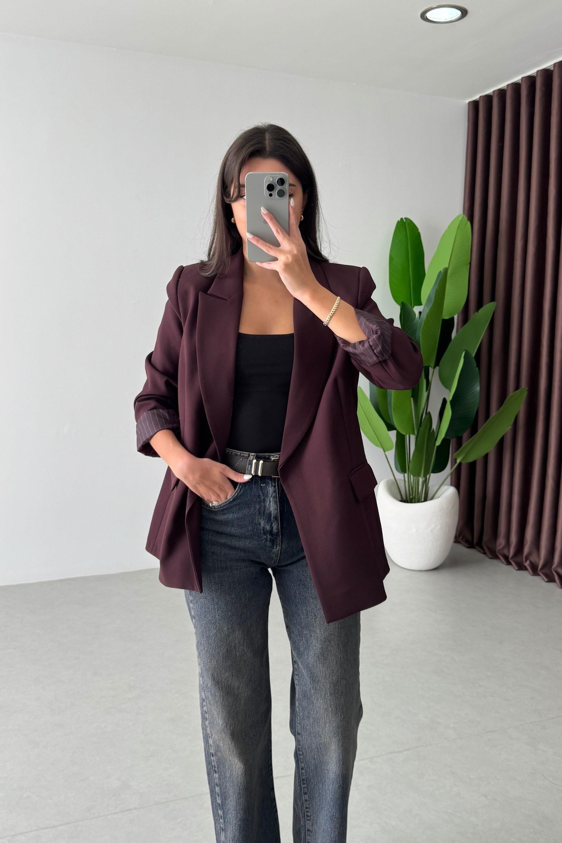 Nowan Mürdüm Çizgili Astar Detay Blazer