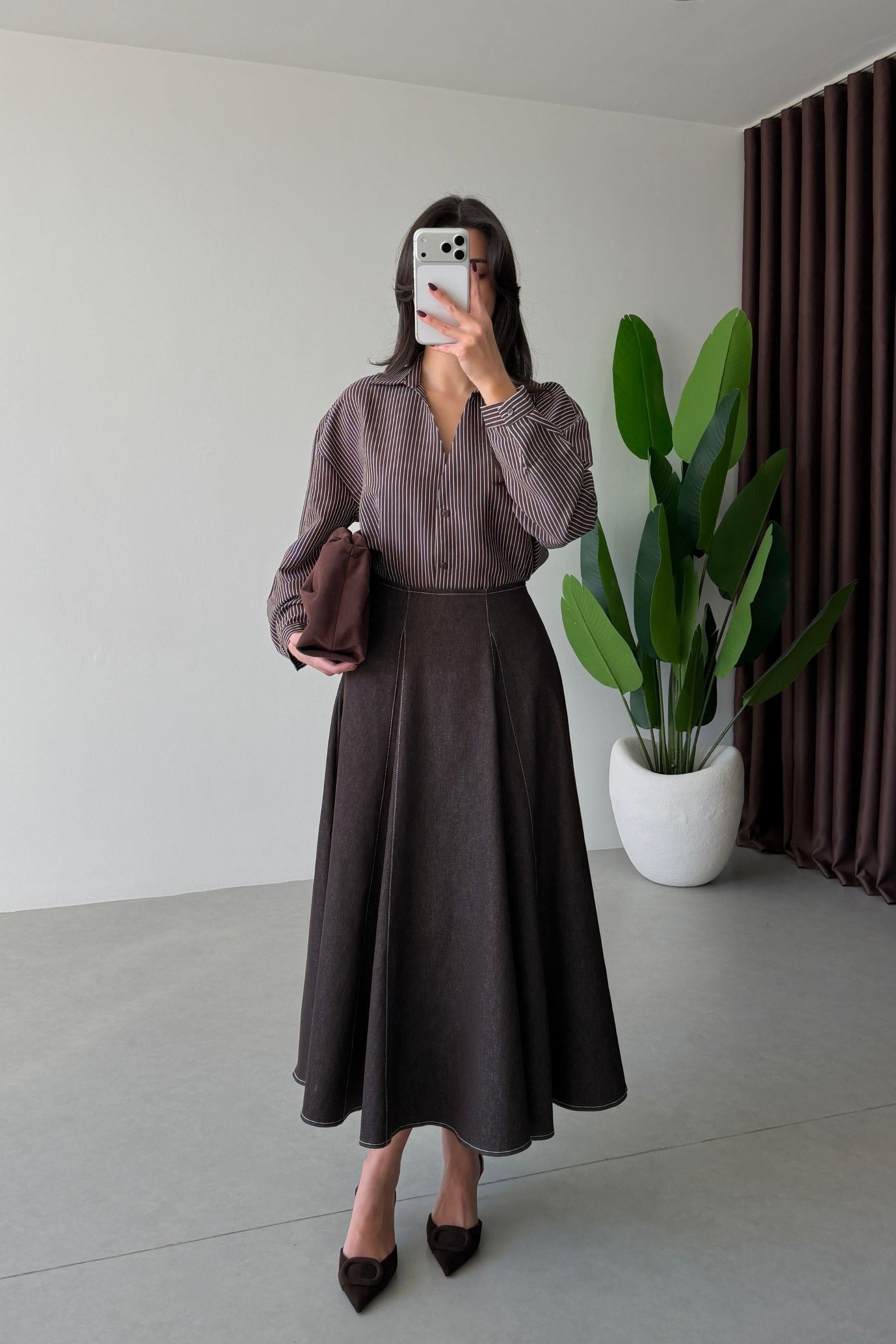 Octa Kahve Çizgili Oversize Gömlek