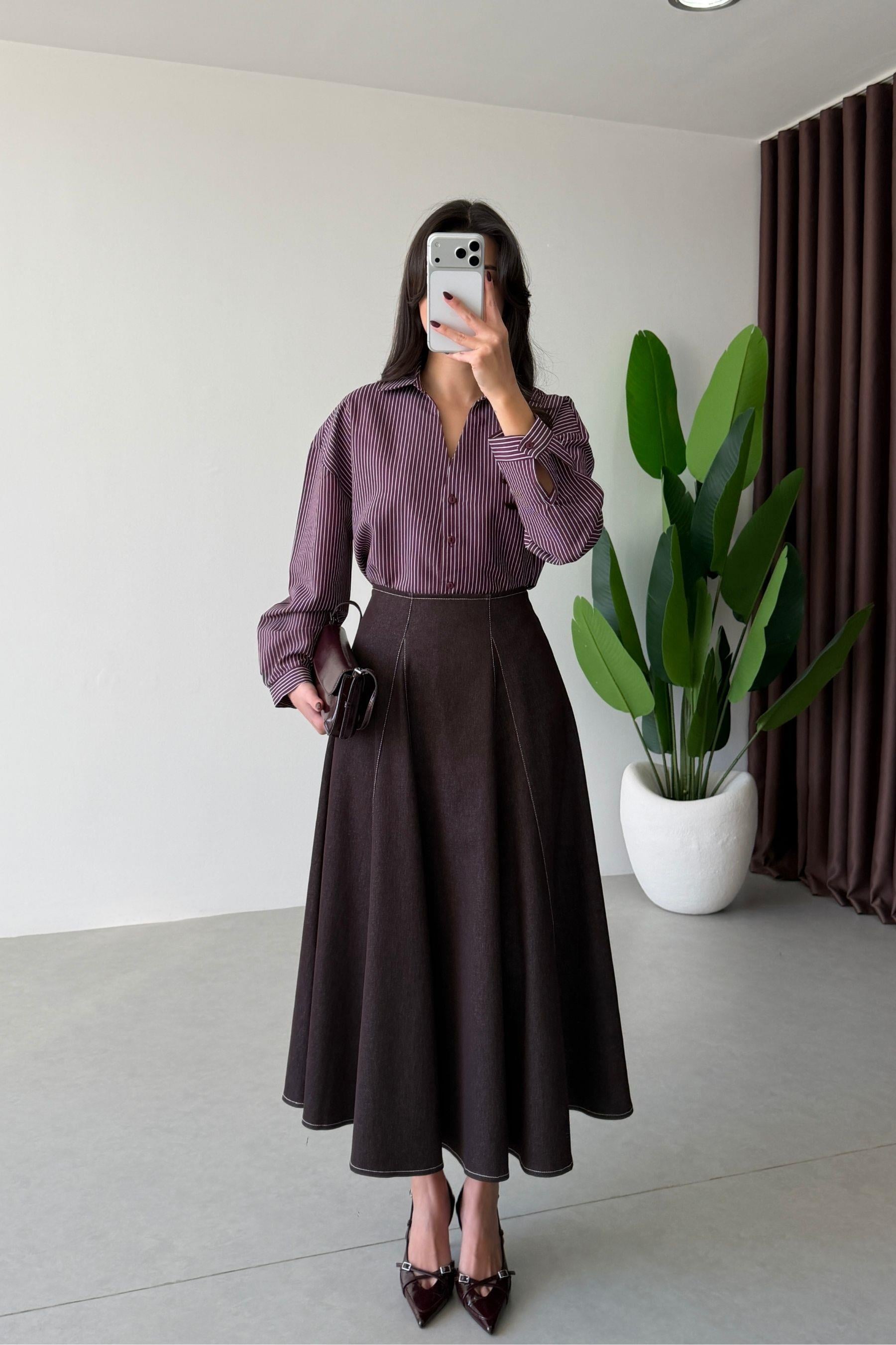 Octa Mürdüm Çizgili Oversize Gömlek