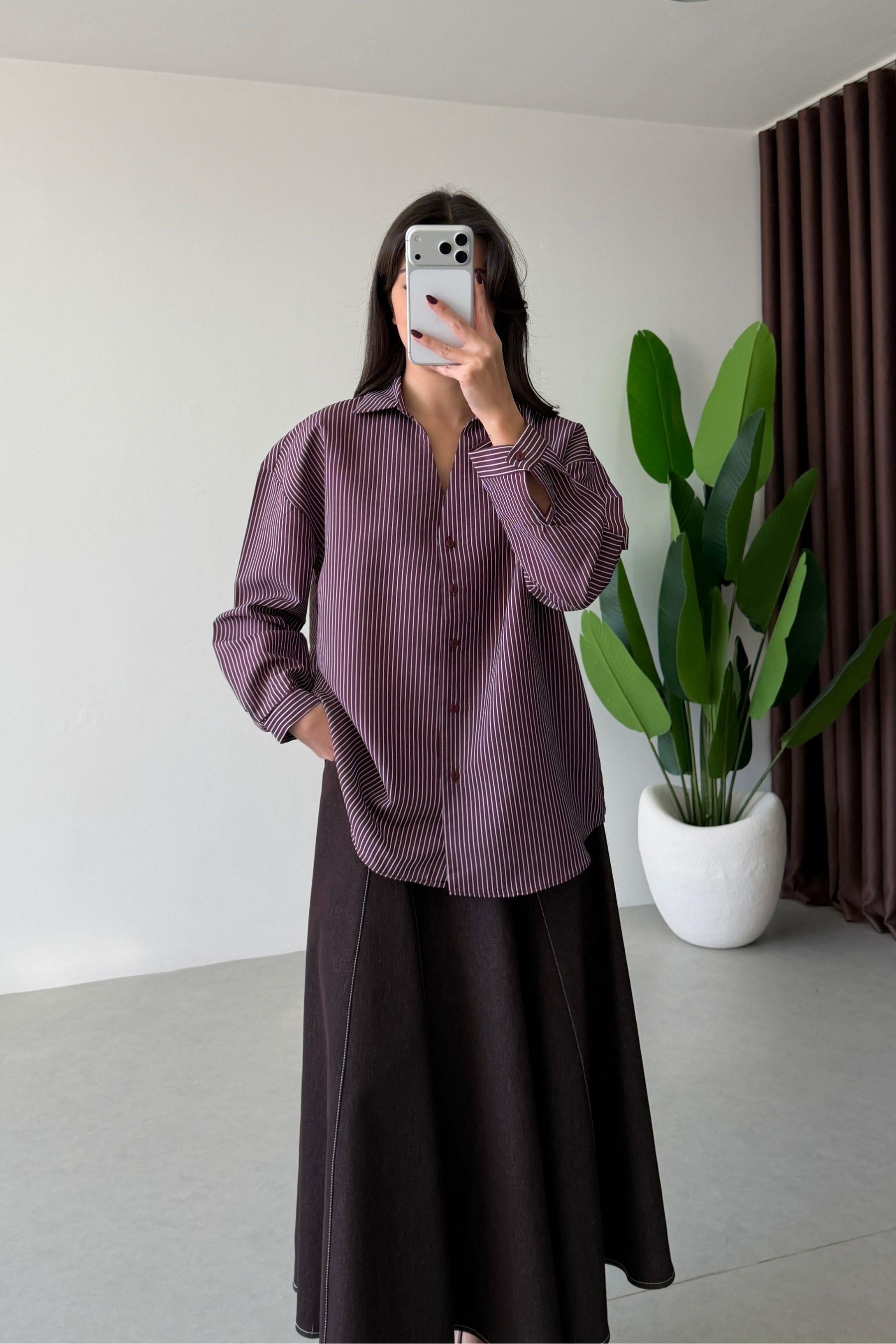 Octa Mürdüm Çizgili Oversize Gömlek
