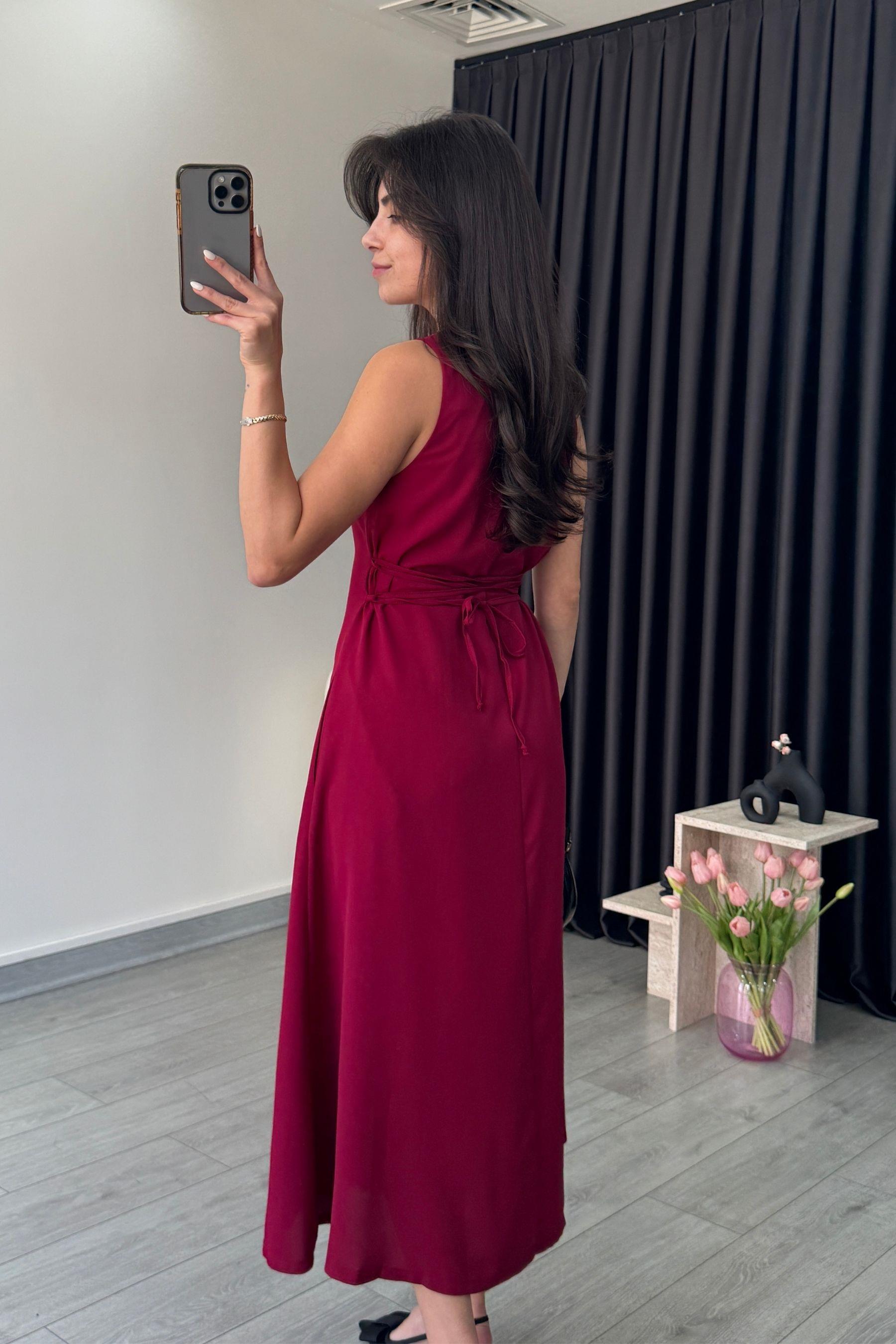 Olivia Düğme Detay Bordo Saten Elbise