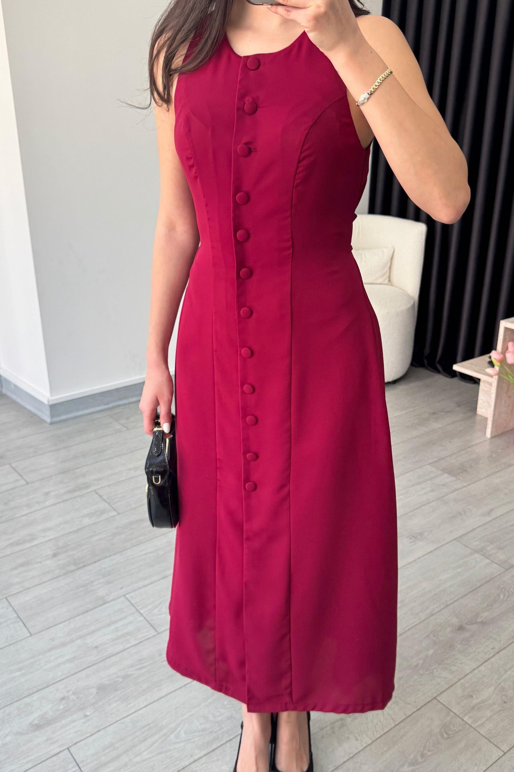 Olivia Düğme Detay Bordo Saten Elbise