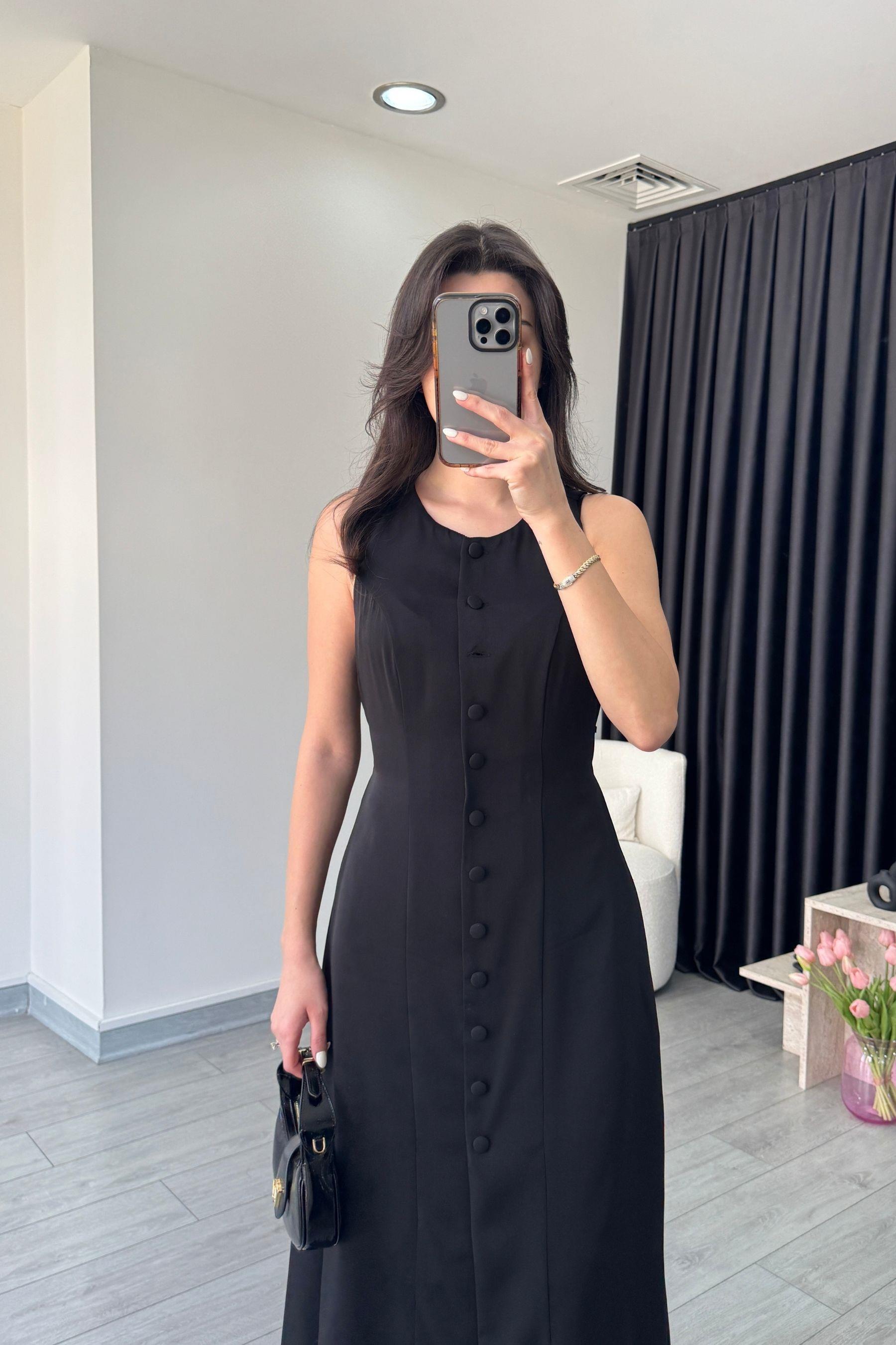 Olivia Düğme Detay Siyah Saten Elbise