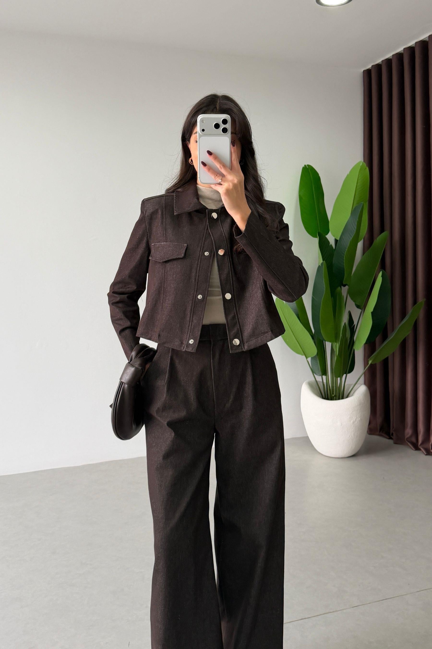 Opre Kahve Denim Ceket Pantolon Takım