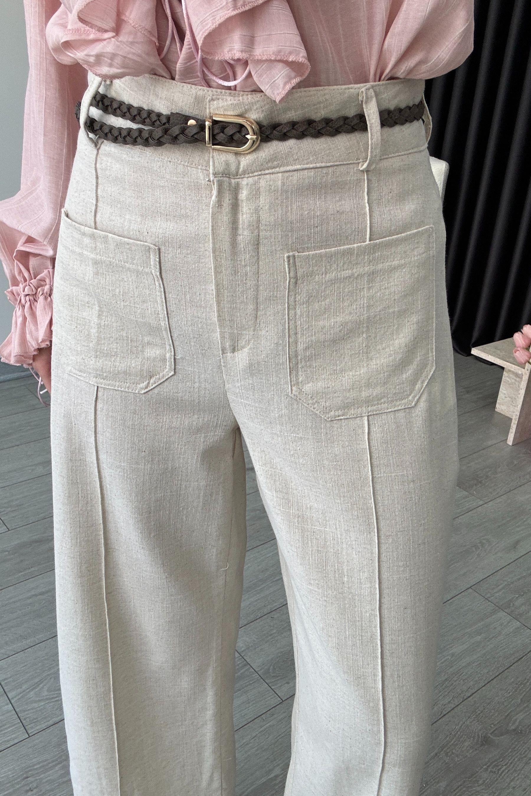 Örgü Kemerli Natural Keten Pantolon
