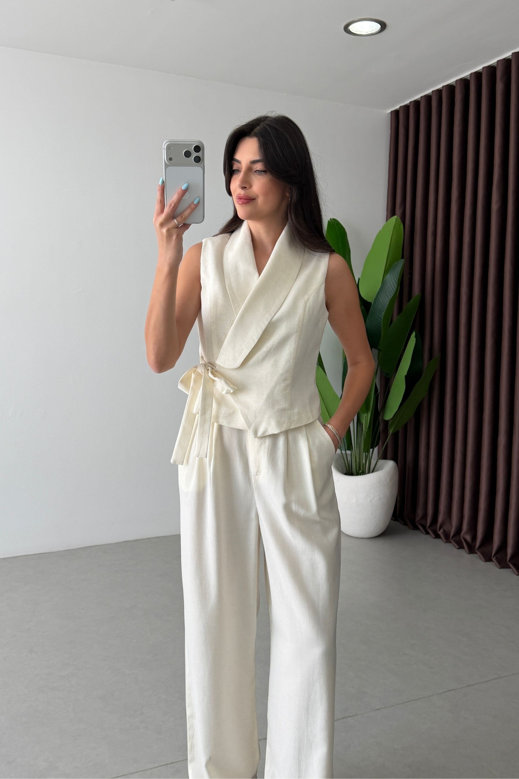 Donna Ekru Keten Yelek Pantolon Takım