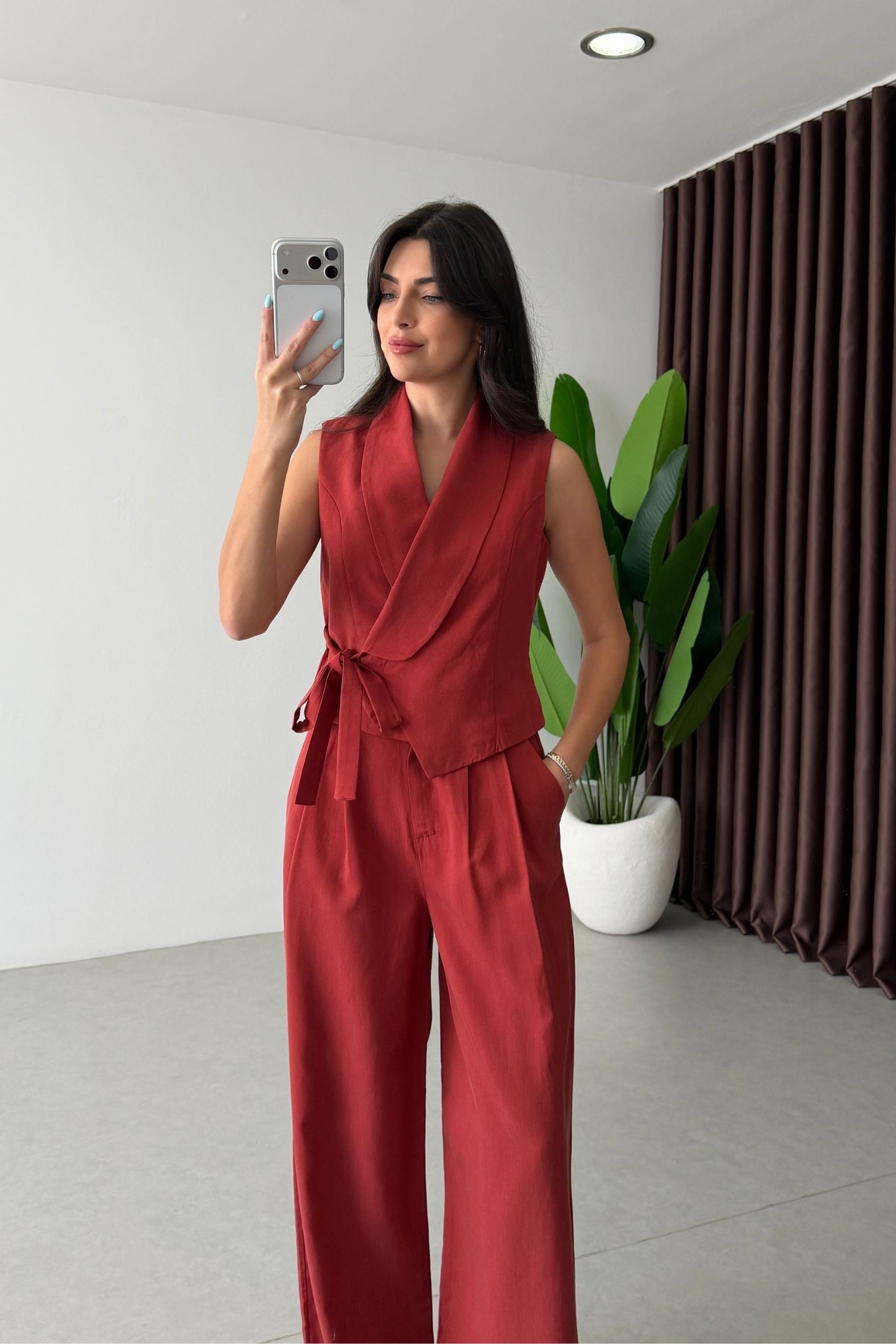 Donna Kiremit Keten Yelek Pantolon Takım