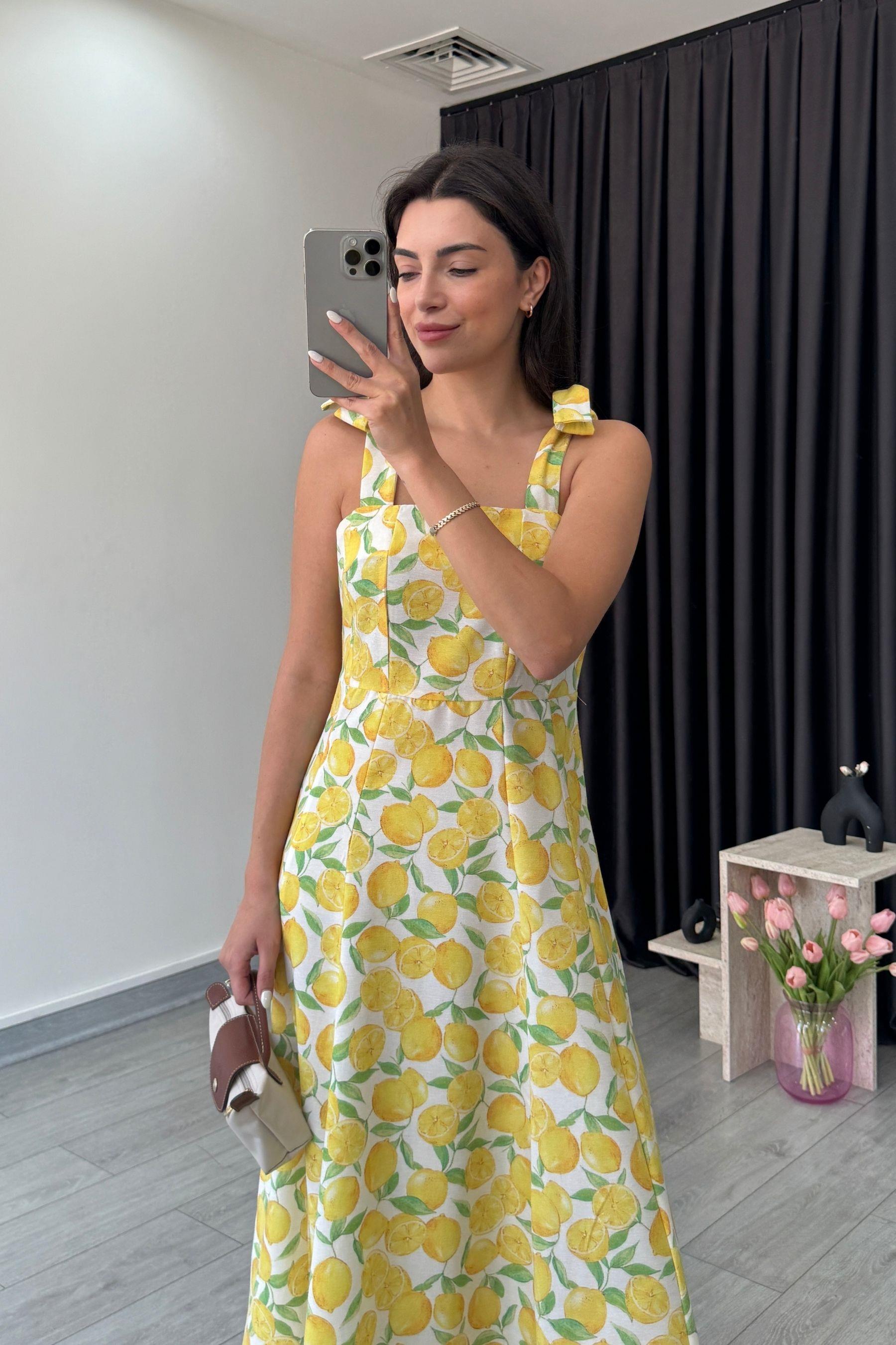 Ornel Omuz Bağcıklı Limon Desen Elbise