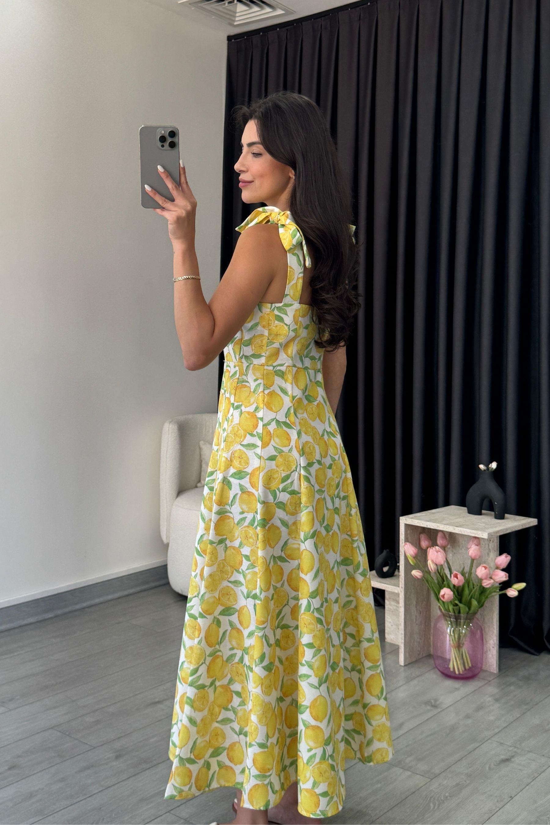 Ornel Omuz Bağcıklı Limon Desen Elbise