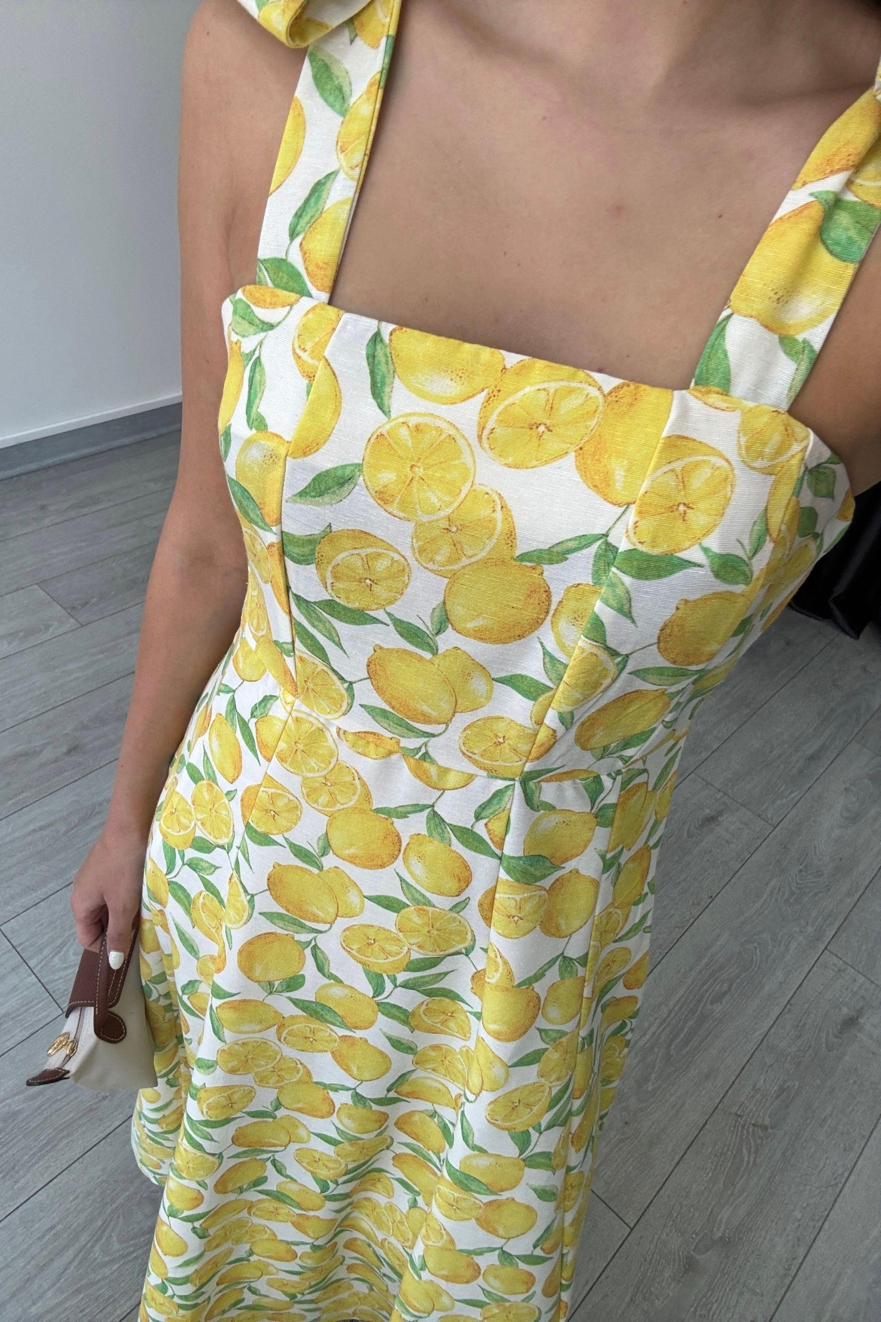 Ornel Omuz Bağcıklı Limon Desen Elbise