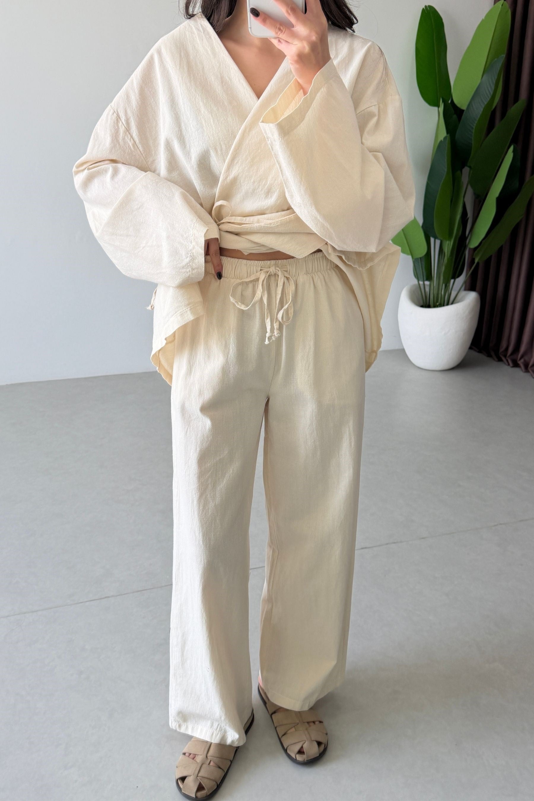 Osila Natural Keten Kimono Takım