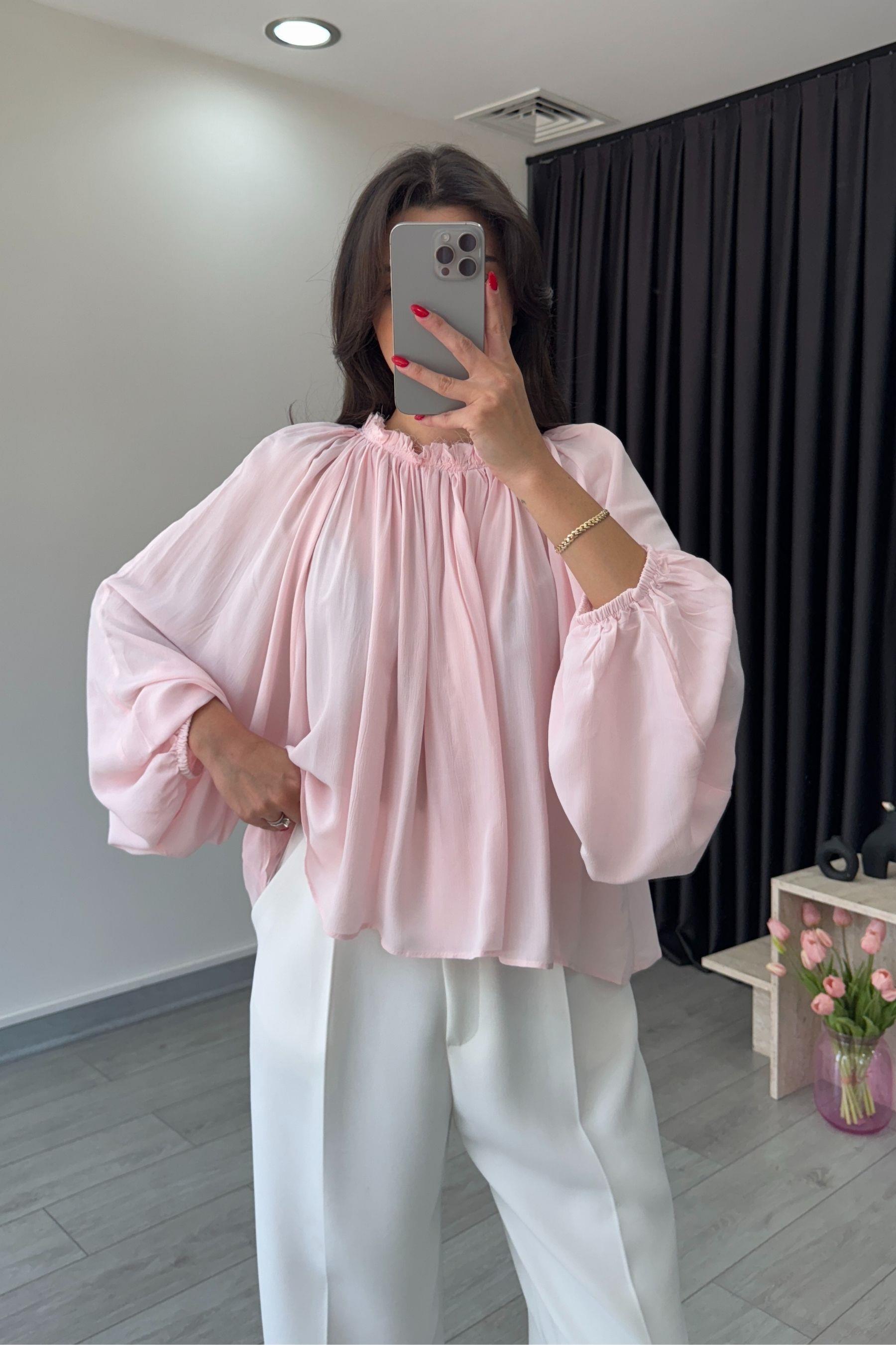 Jesy Pembe Büzgü Yaka Şifon Buluz 