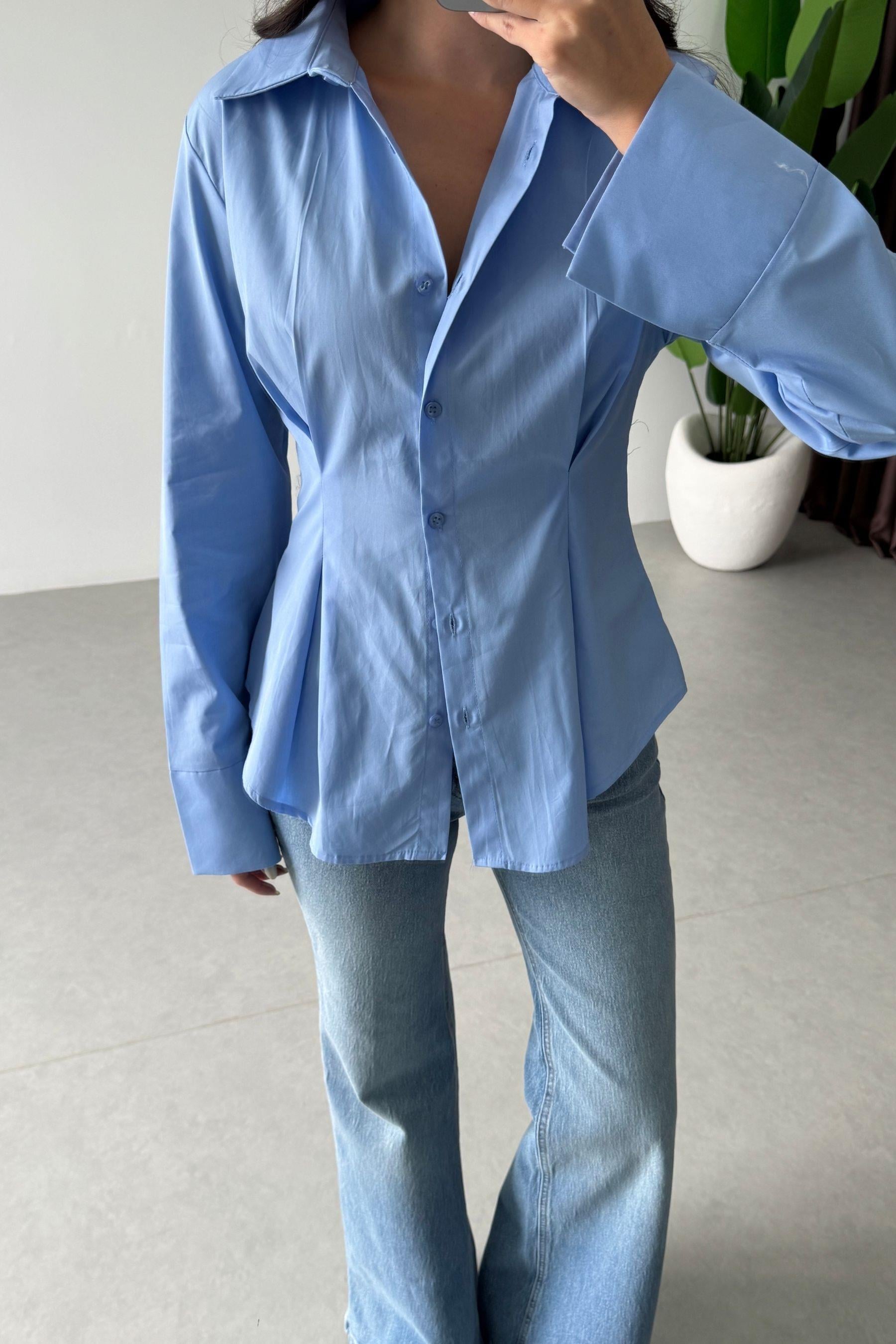 Penny Mavi Belden Oturtmalı Poplin Gömlek