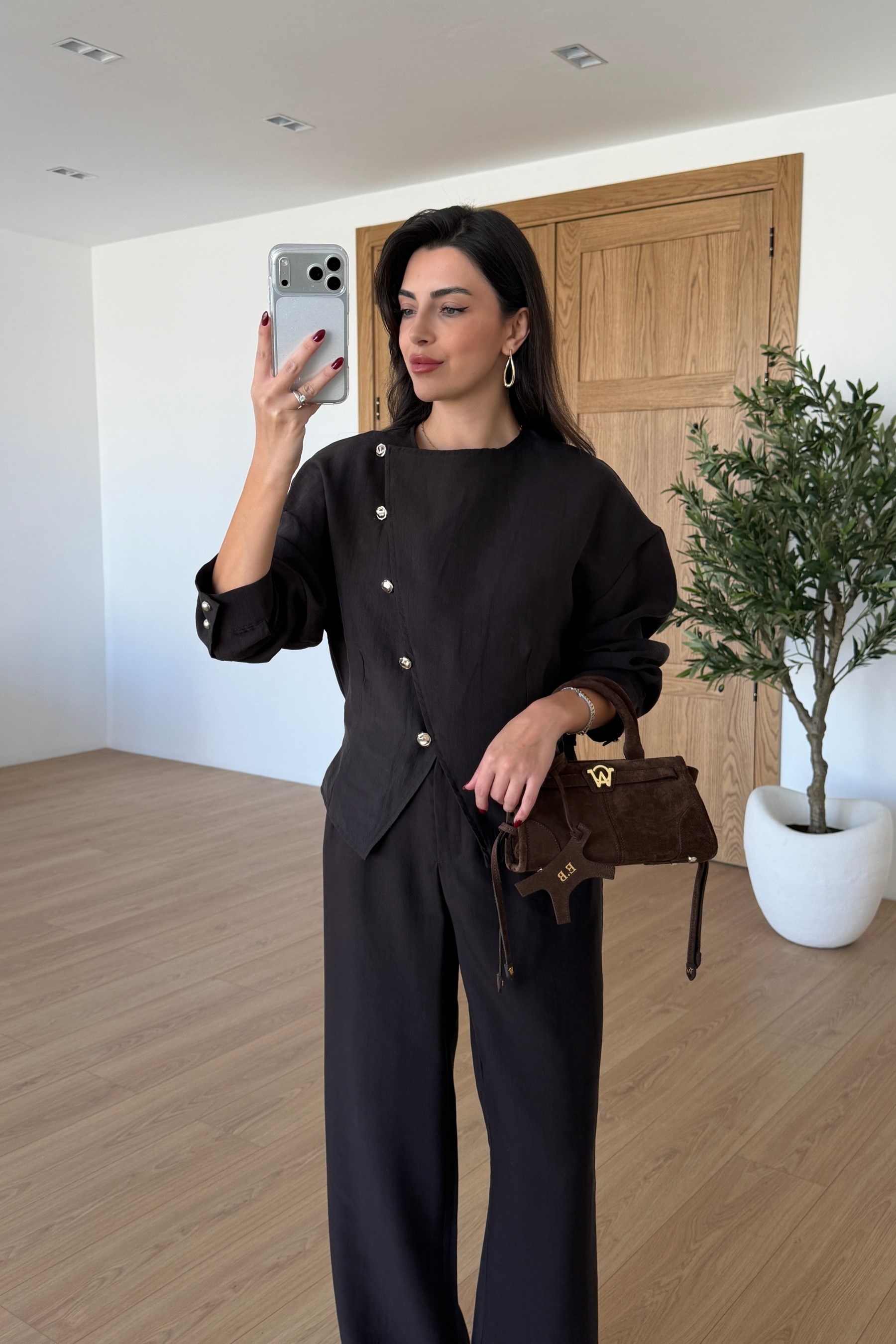 Petra Kahve Asimetrik Bluz Pantolon Takım