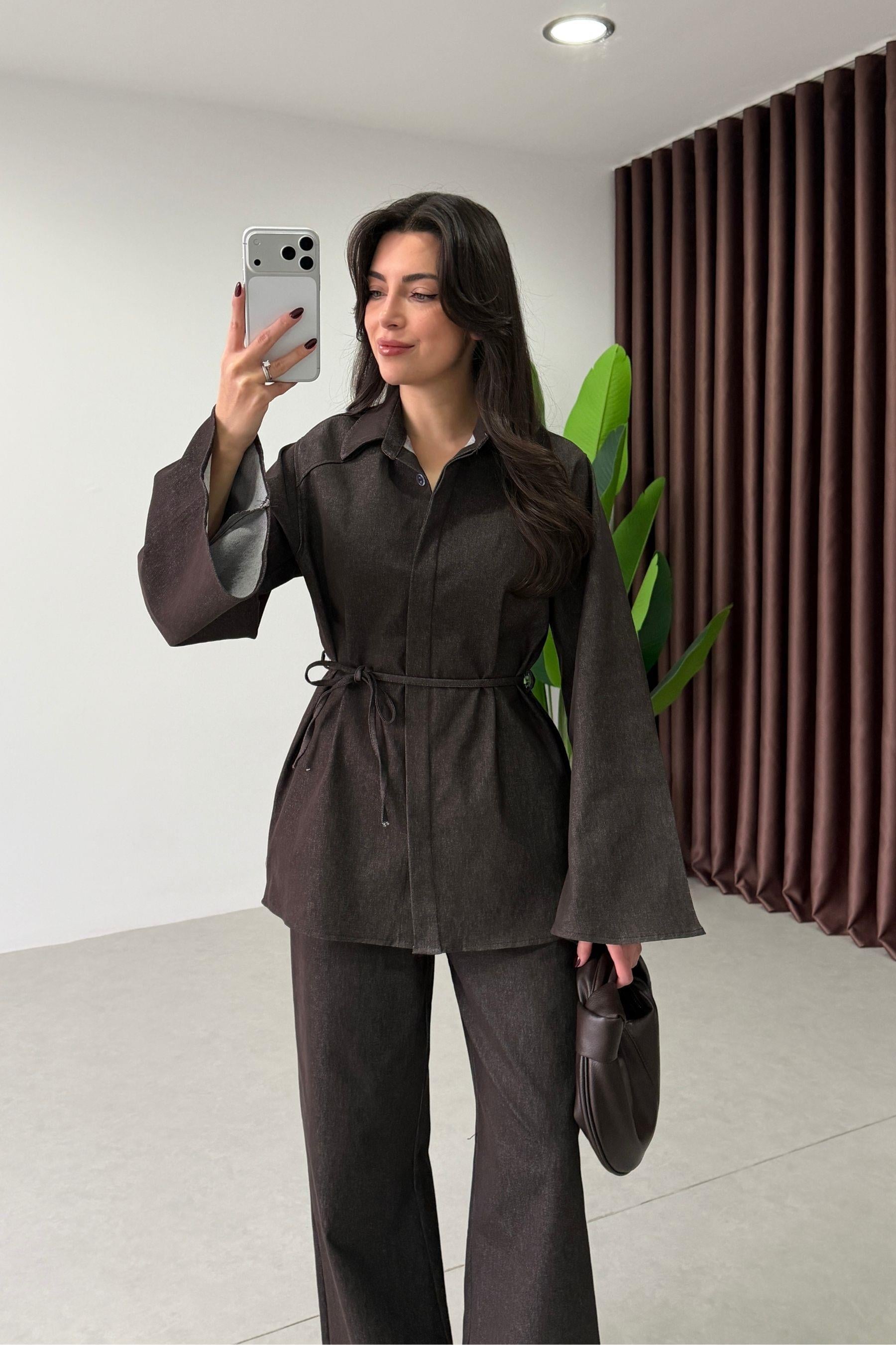 Polka Kahve Yarasa Kol Denim Takım