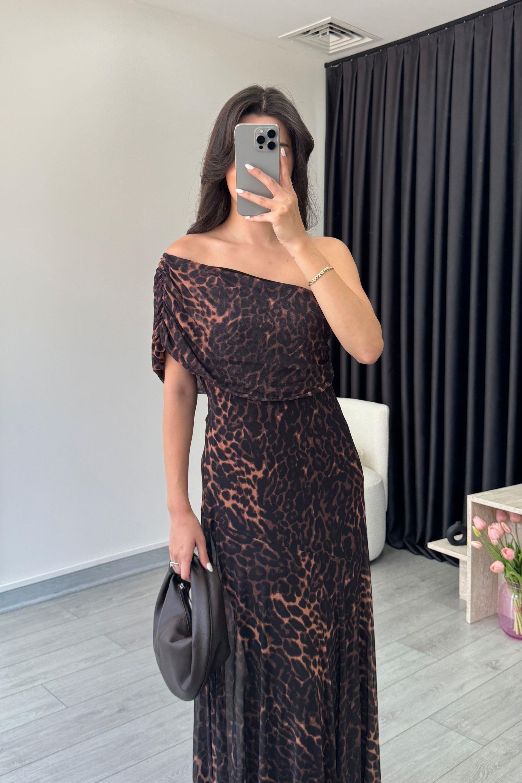 Pona Leopar Desen Tül Elbise