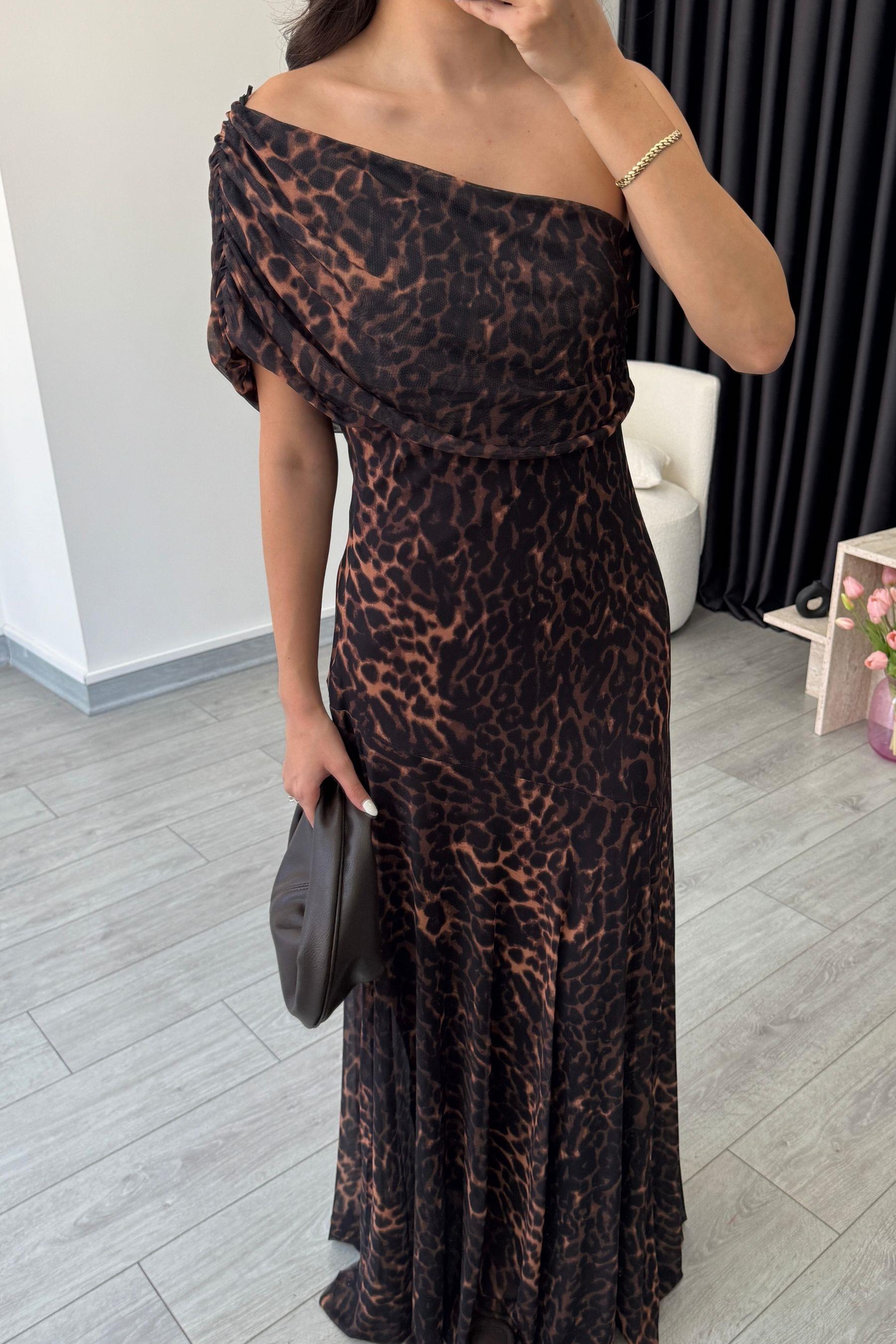 Pona Leopar Desen Tül Elbise