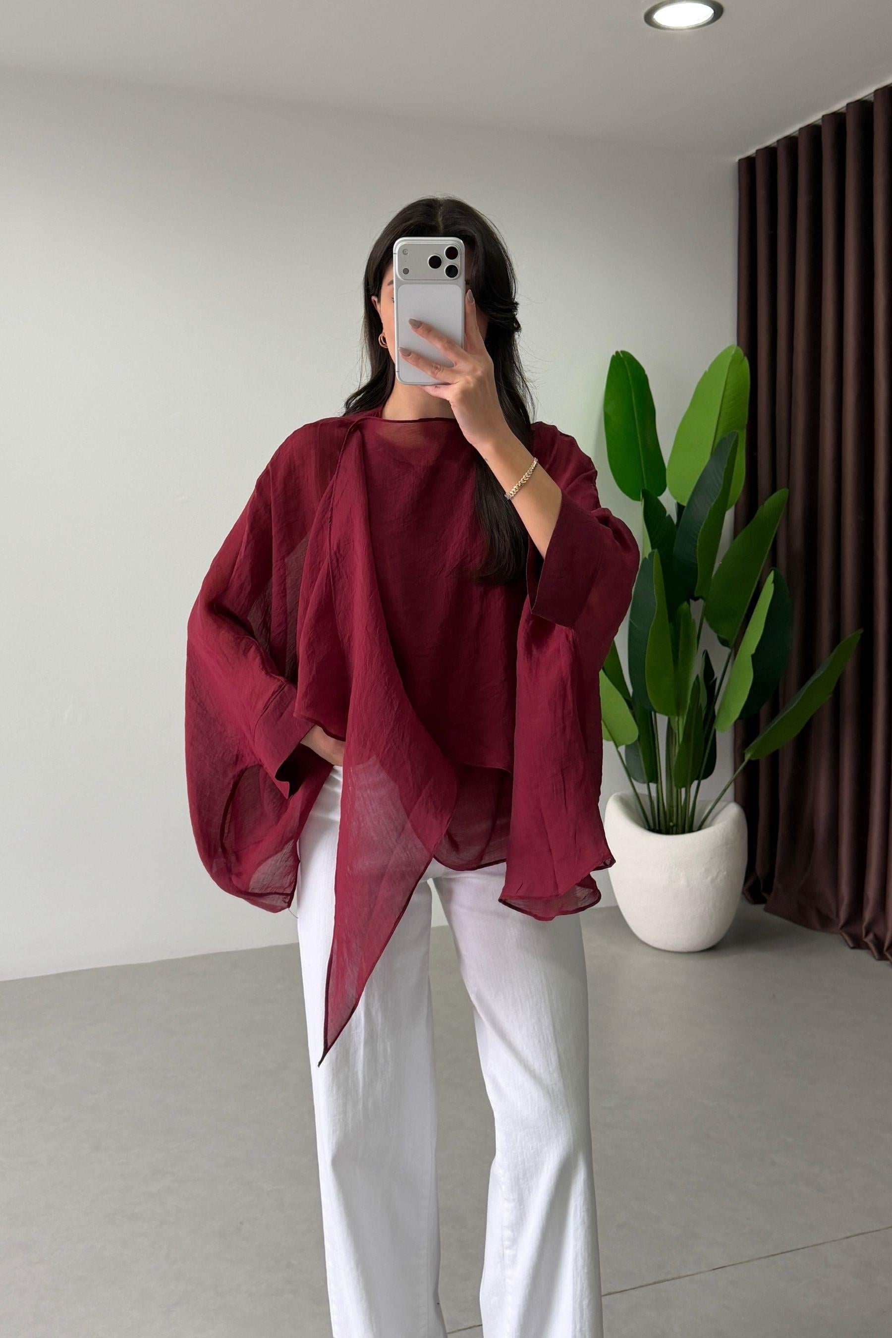 Poppy Bordo Pelerin Şifon Bluz