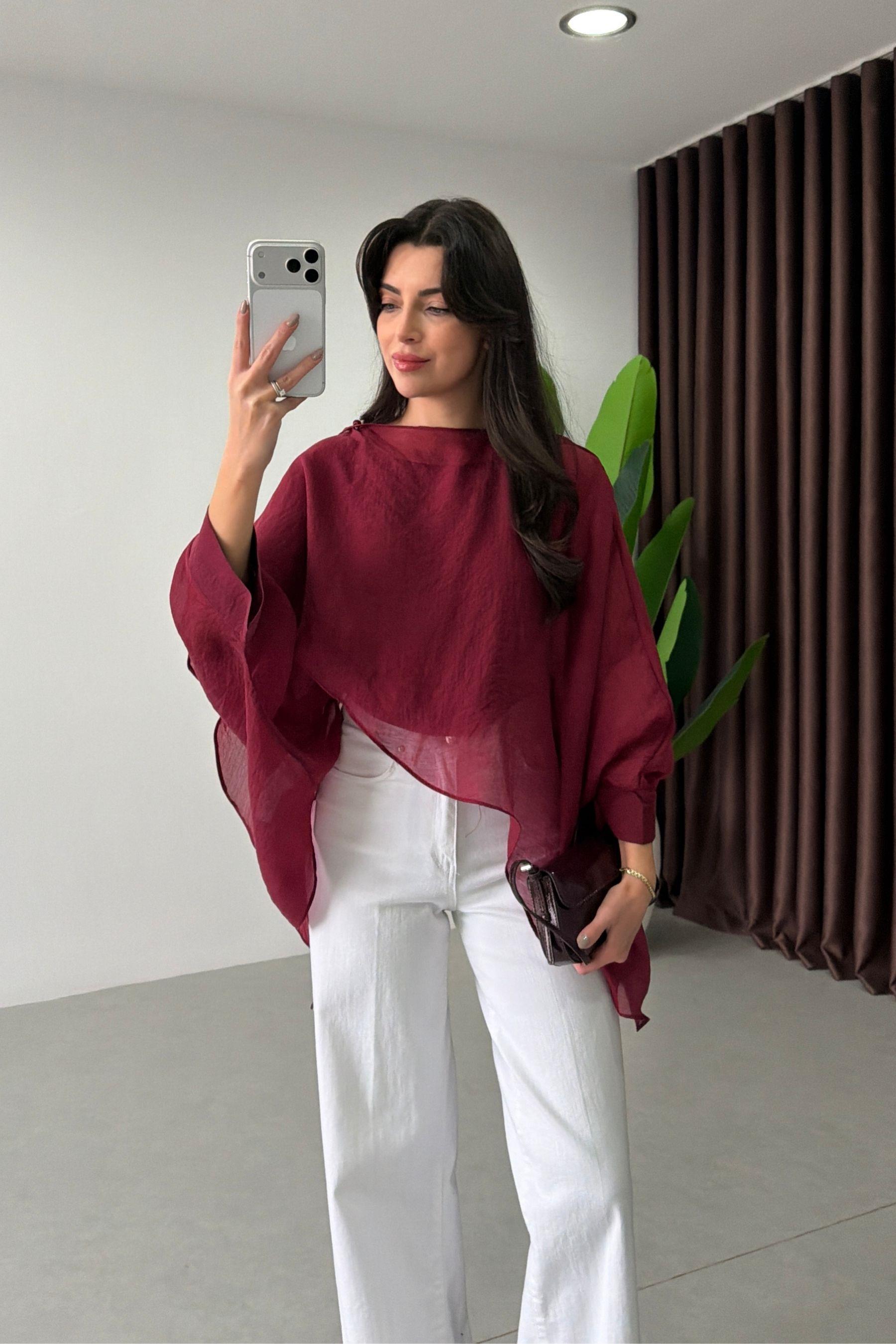 Poppy Bordo Pelerin Şifon Bluz