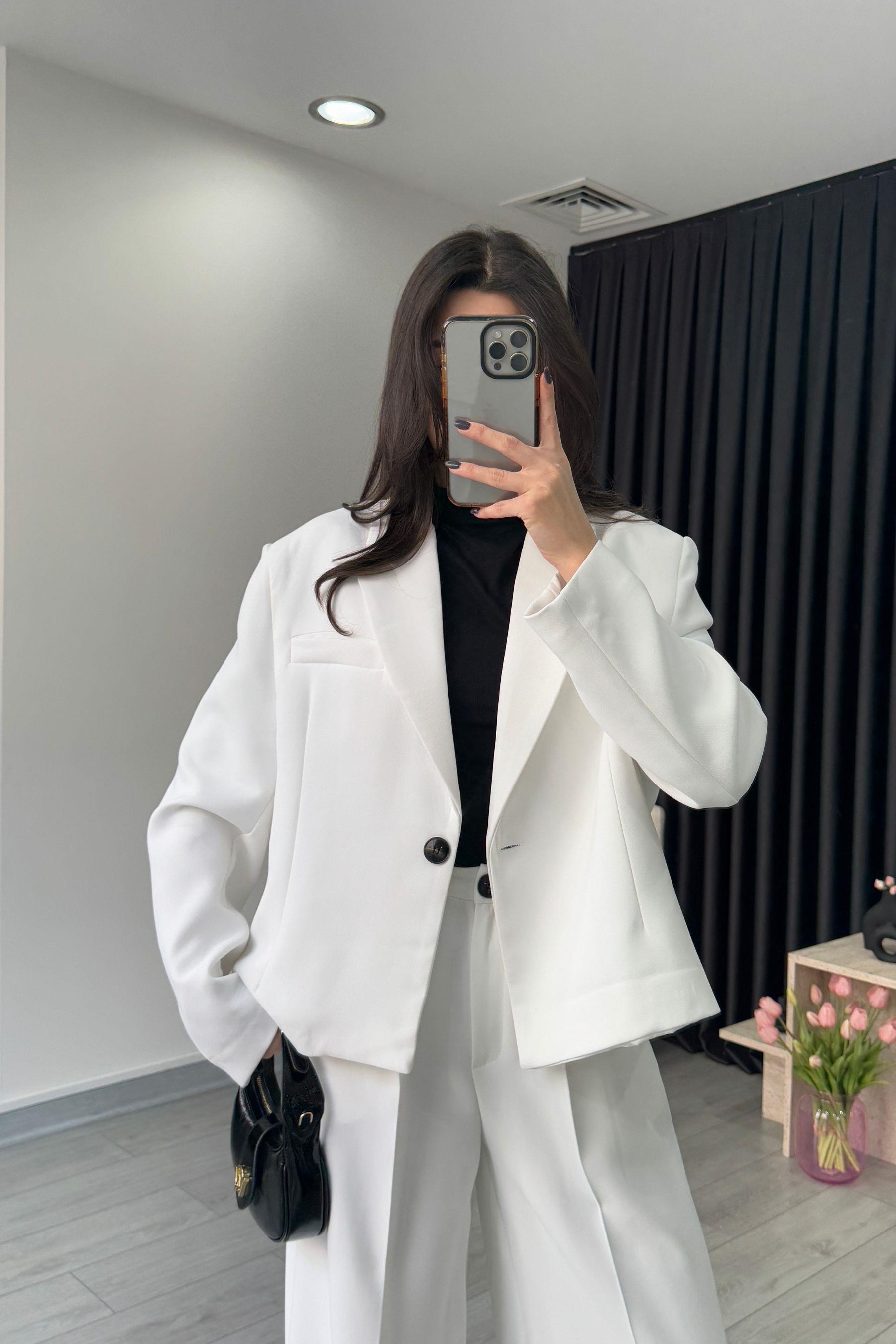 Premium Krep Kumaş Beyaz Blazer Pantolon Takım