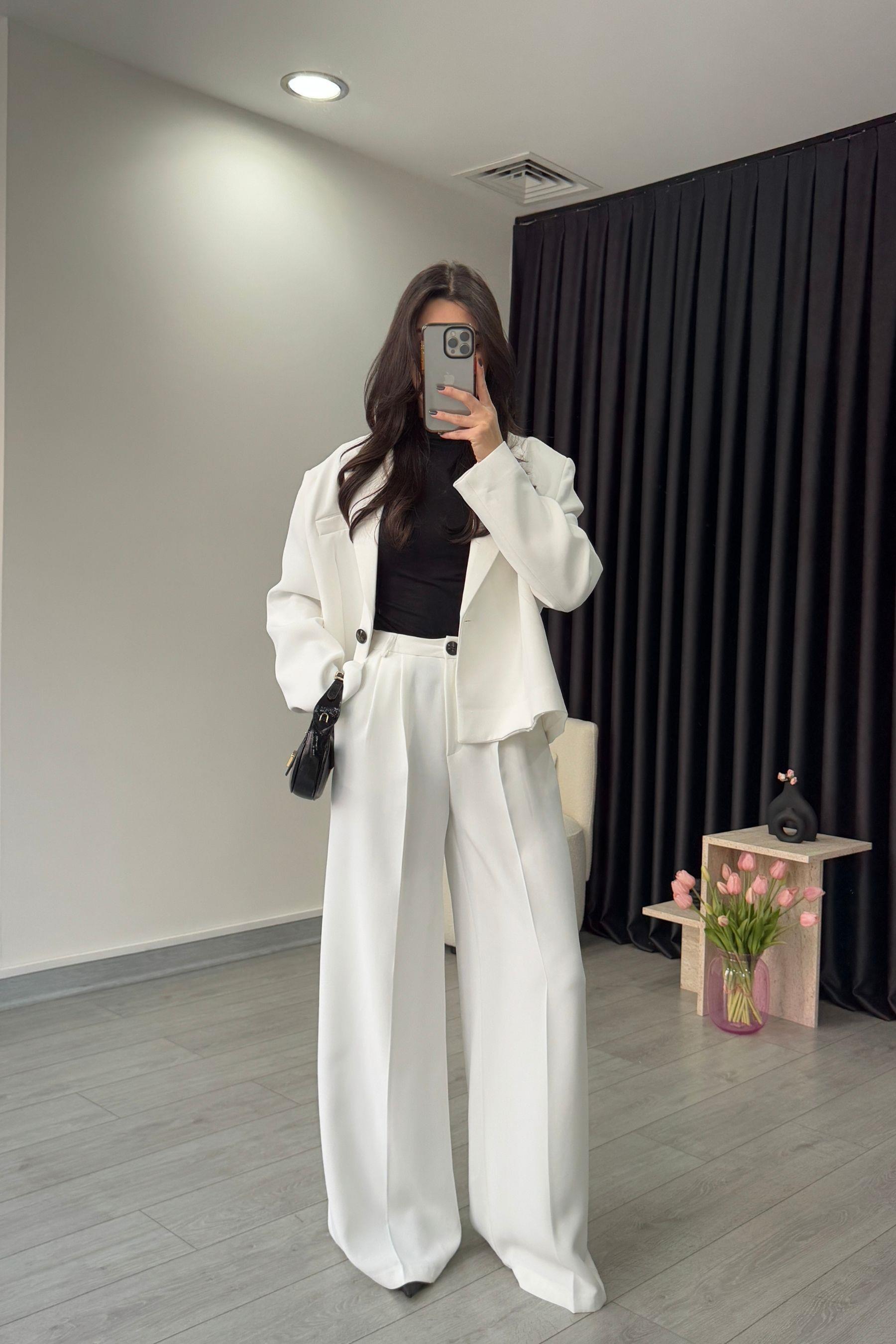 Premium Krep Kumaş Beyaz Blazer Pantolon Takım