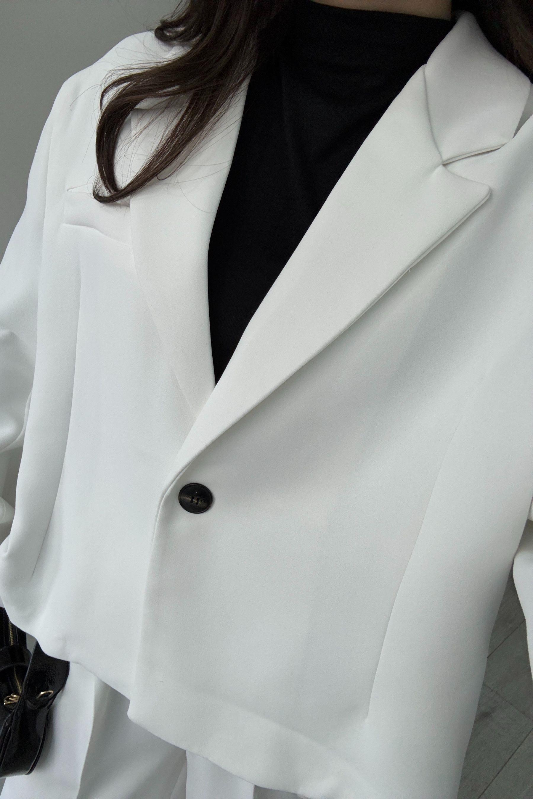 Premium Krep Kumaş Beyaz Blazer Pantolon Takım