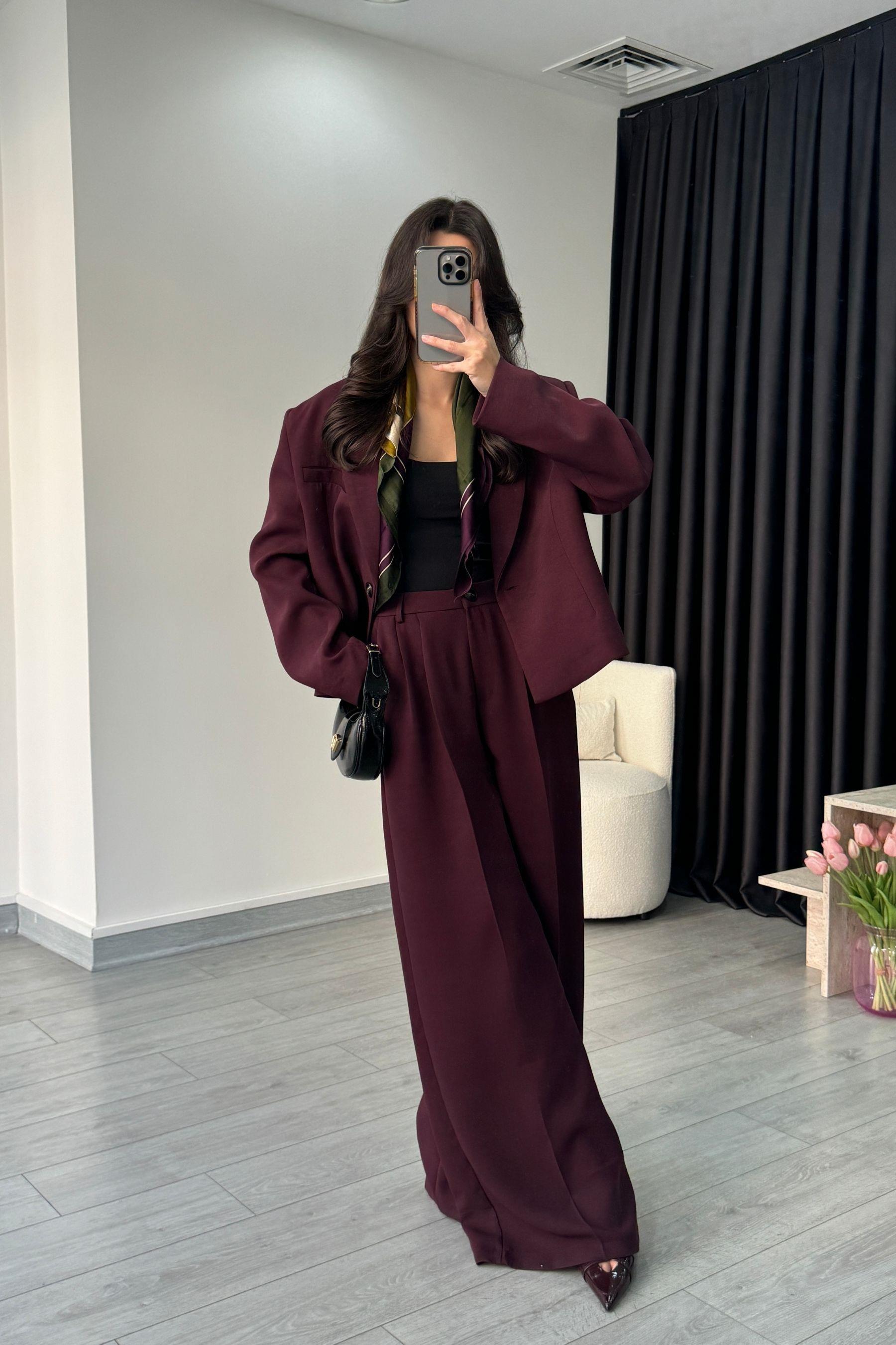Premium Krep Kumaş Mürdüm Blazer Pantolon Takım