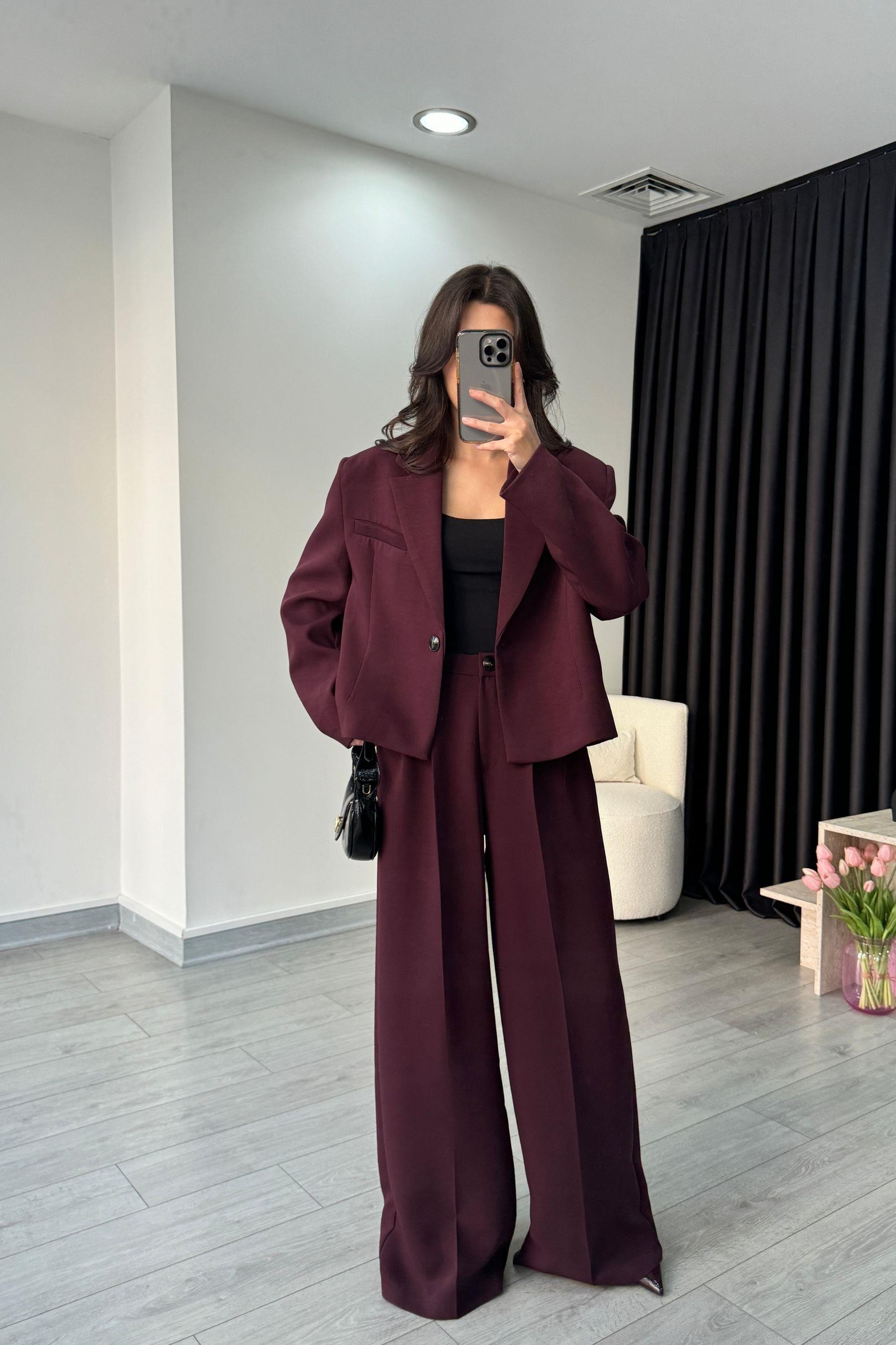 Premium Krep Kumaş Mürdüm Blazer Pantolon Takım