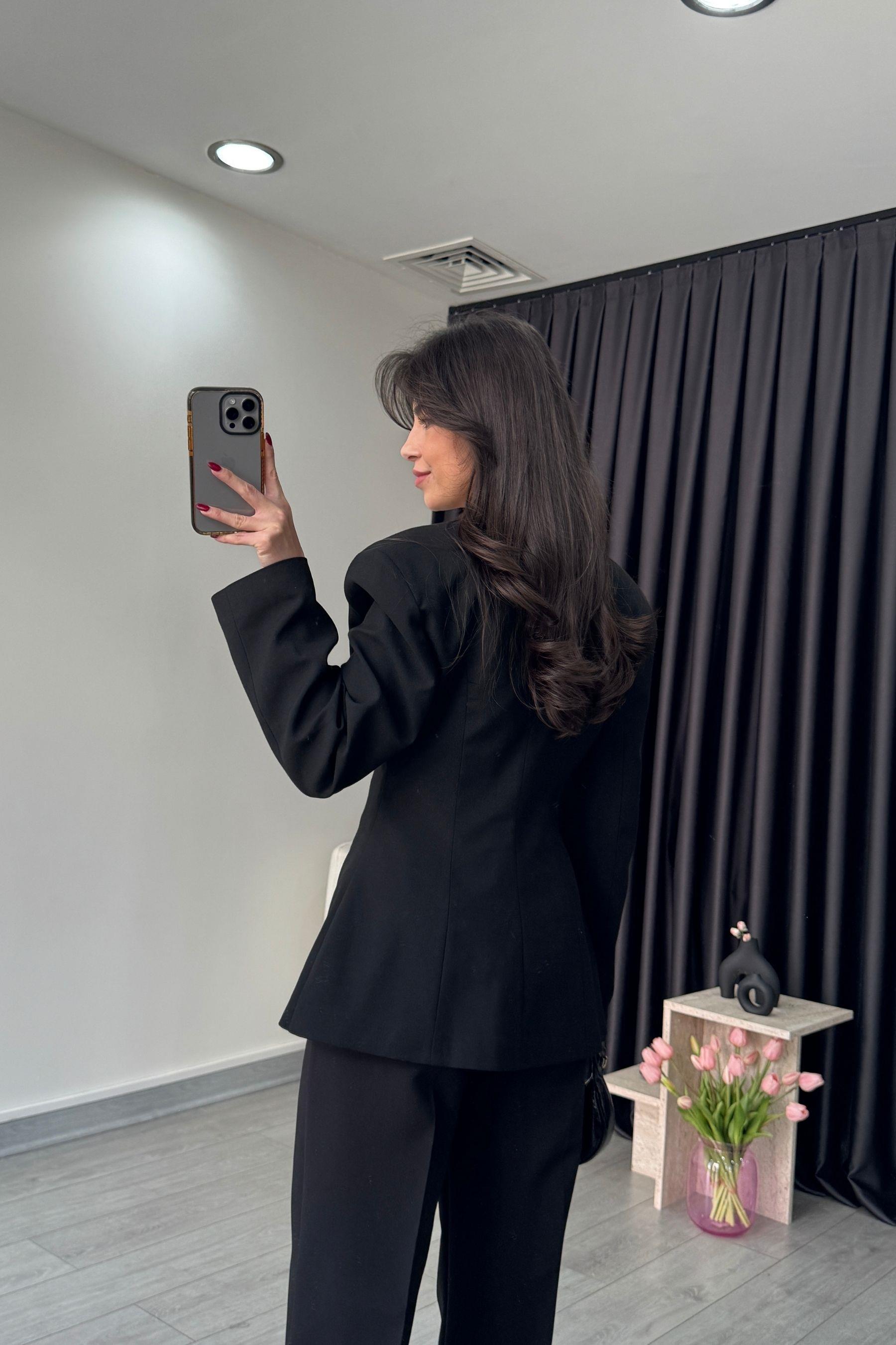 Belden Oturtmalı Siyah Kruvaze Blazer Ceket