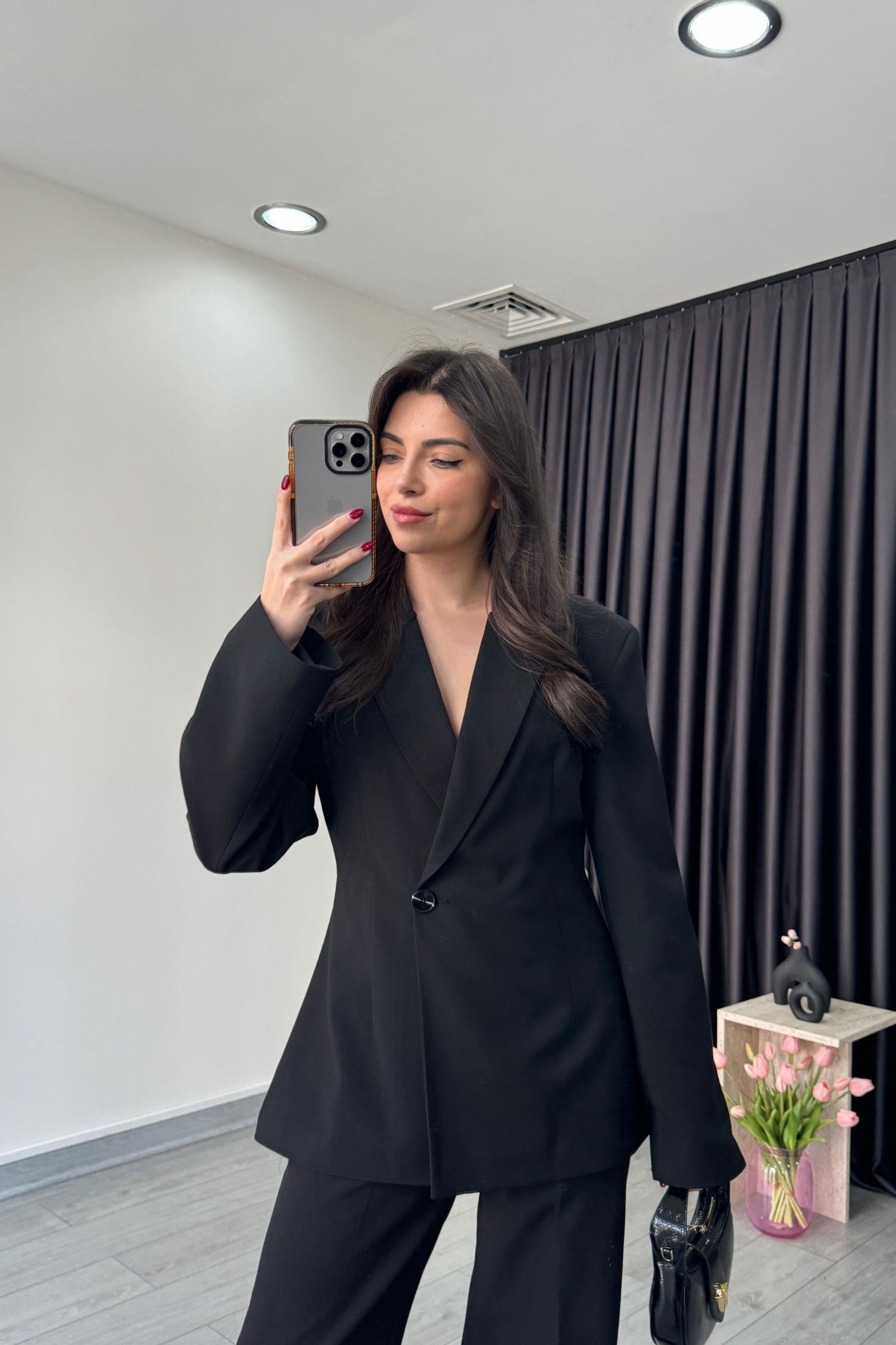 Belden Oturtmalı Siyah Kruvaze Blazer Ceket