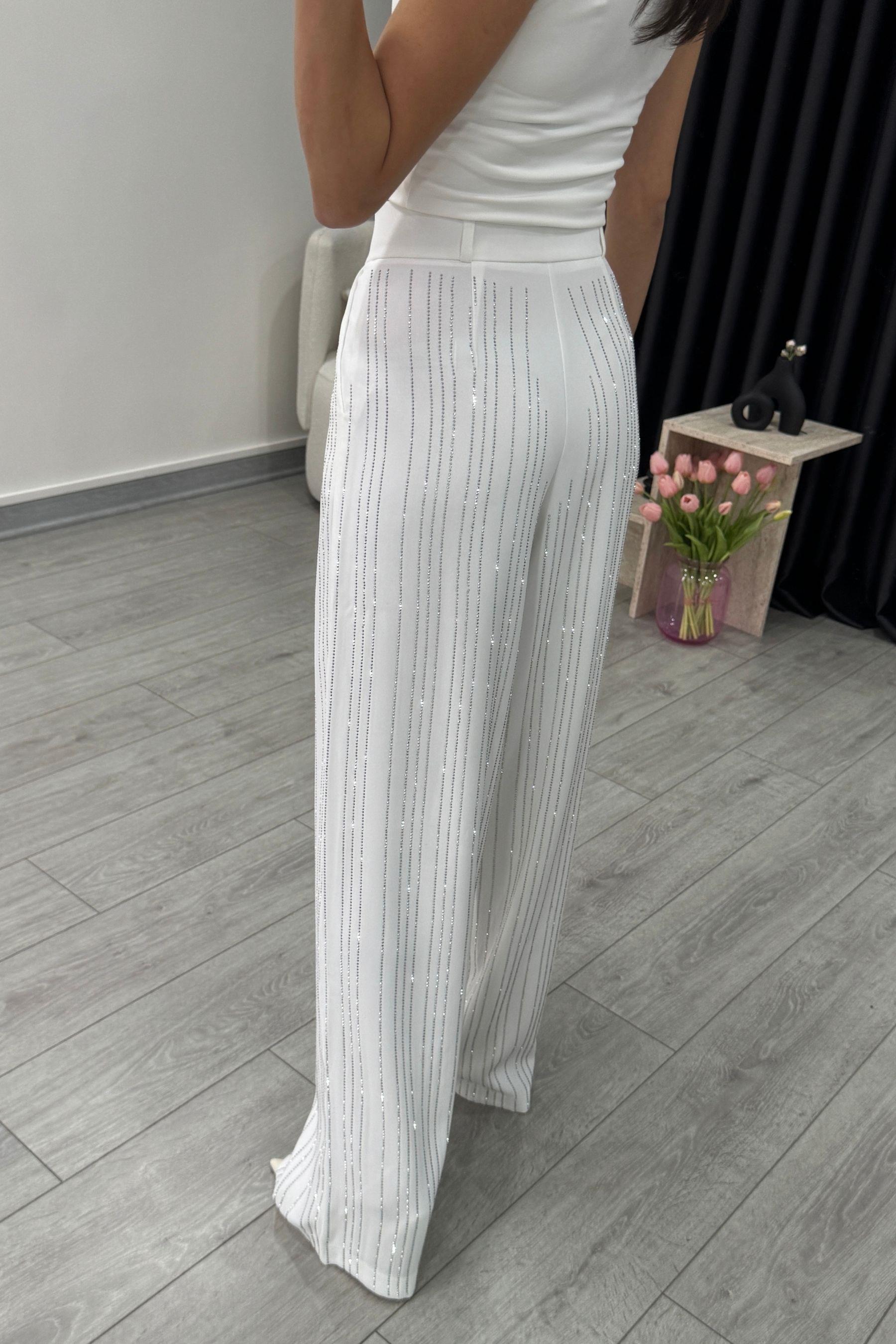 Premium Taş Detaylı Beyaz Palazzo Pantolon