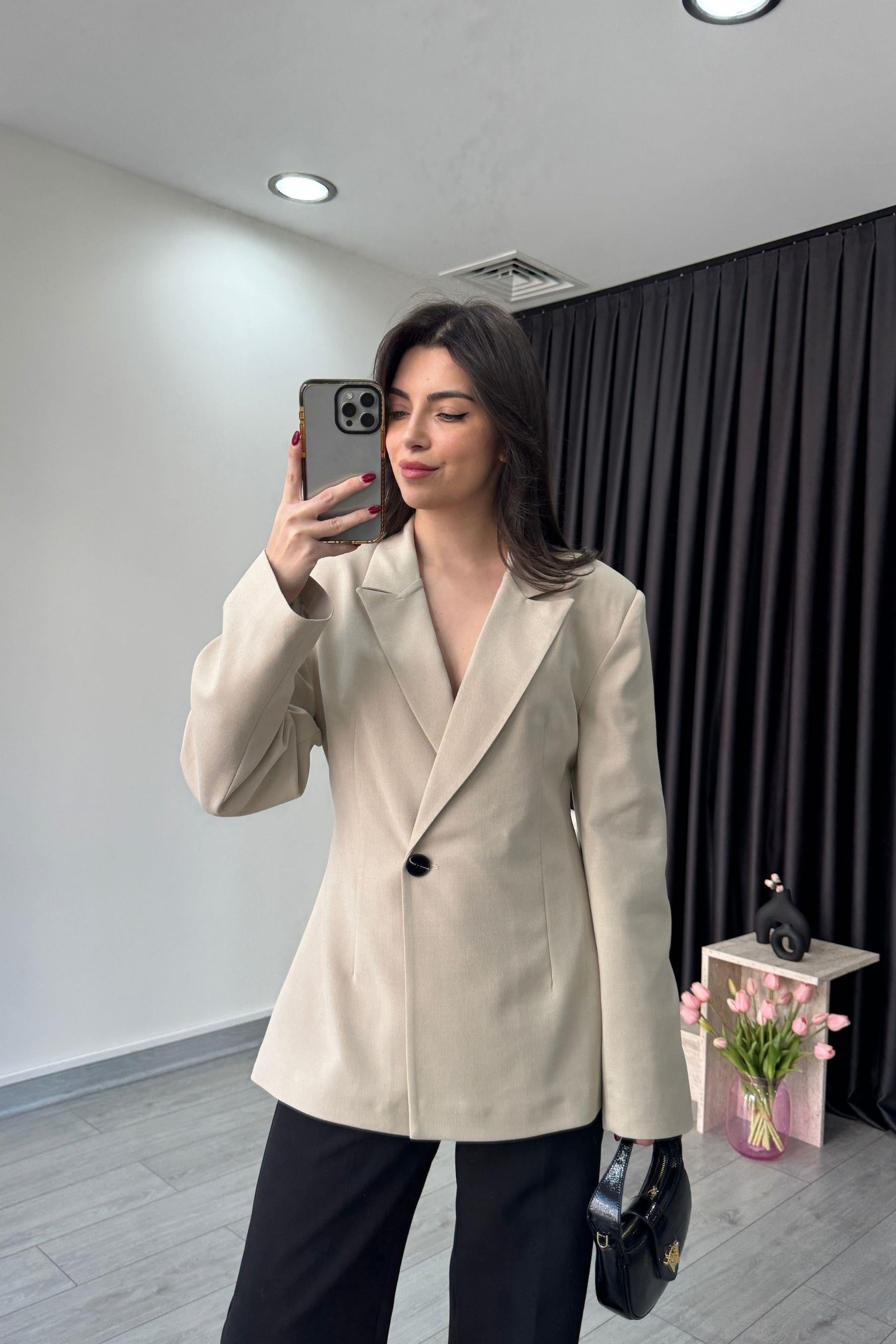 Belden Oturtmalı Taş Kruvaze Blazer Ceket