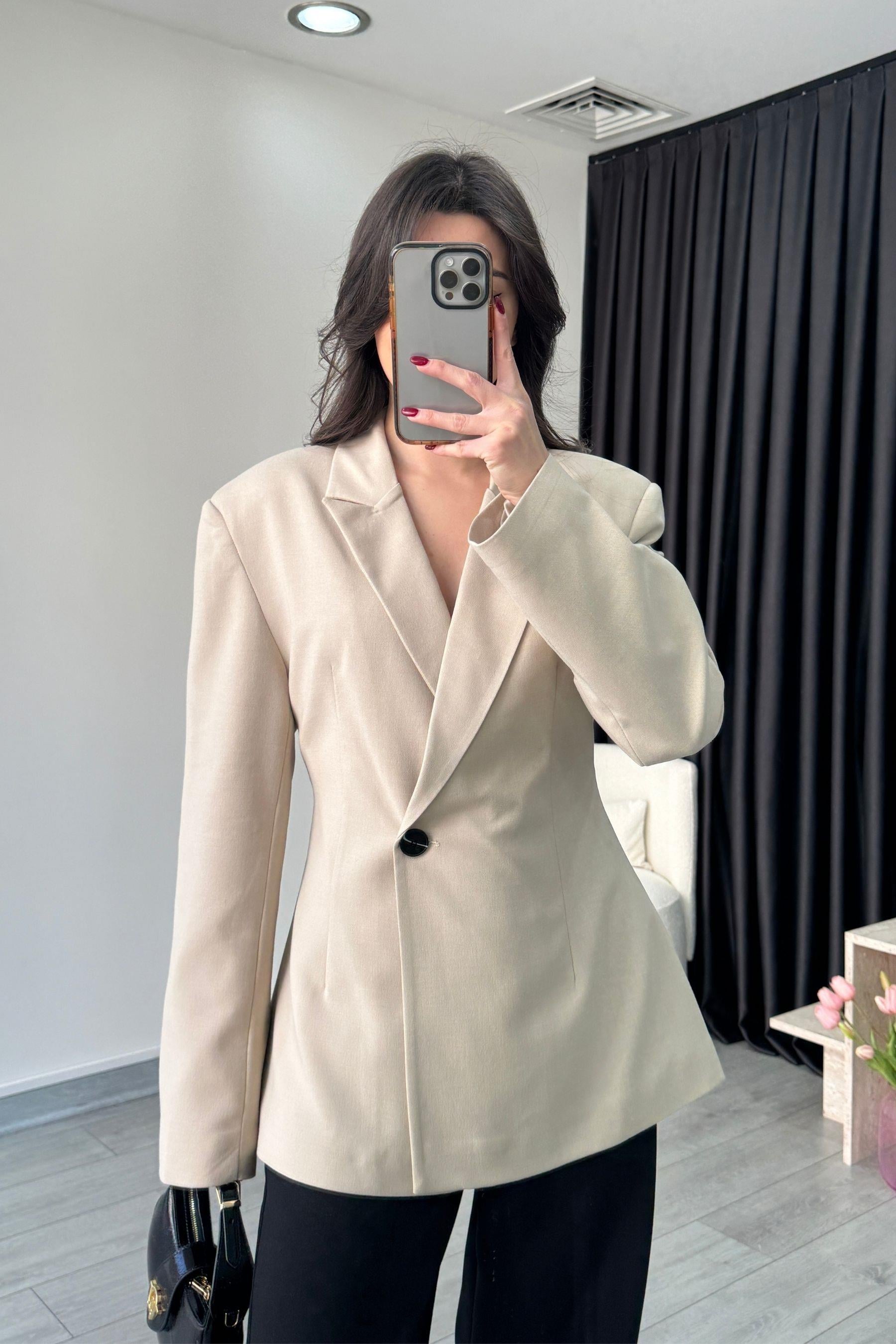 Belden Oturtmalı Taş Kruvaze Blazer Ceket