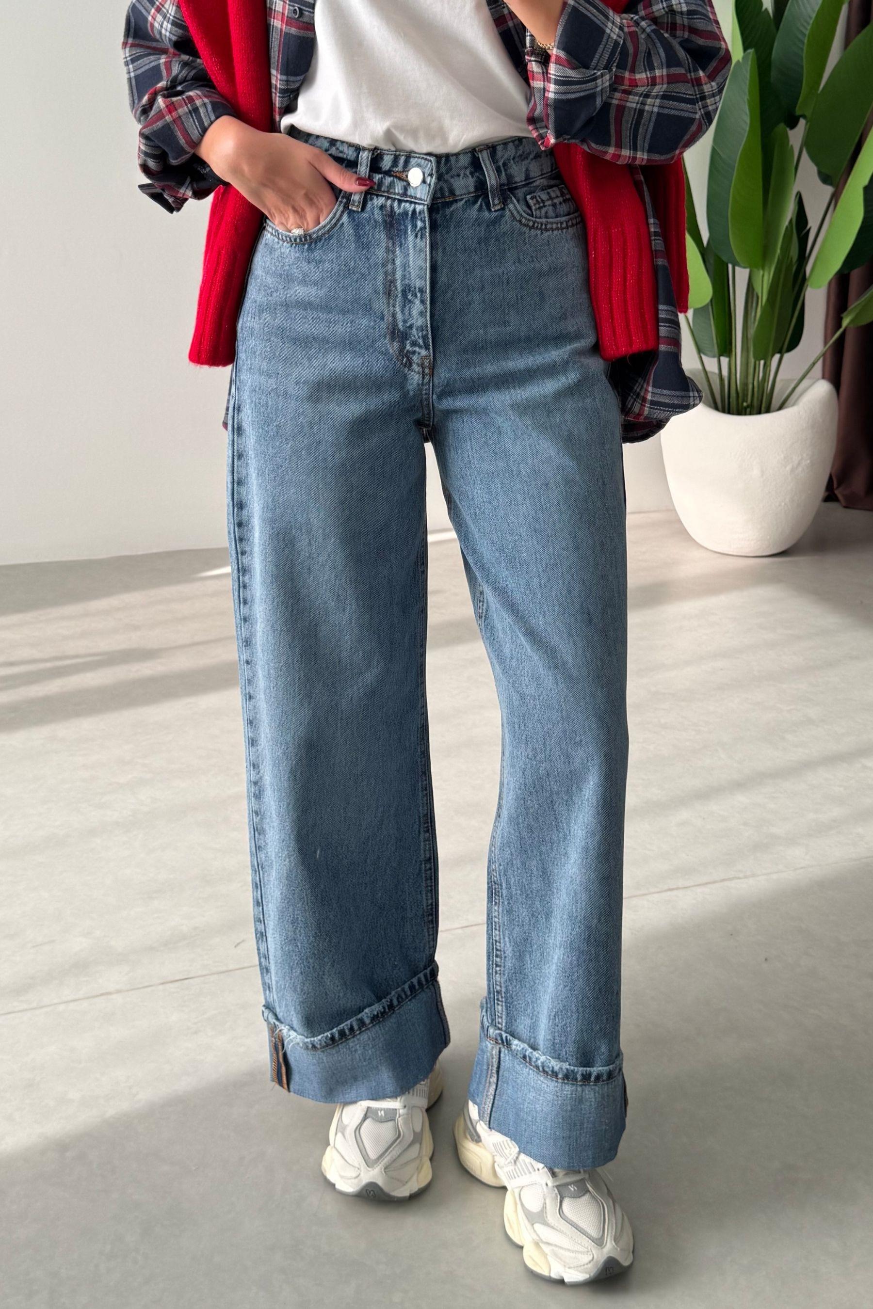 Quin Paçası Katlı Wide Leg Jean