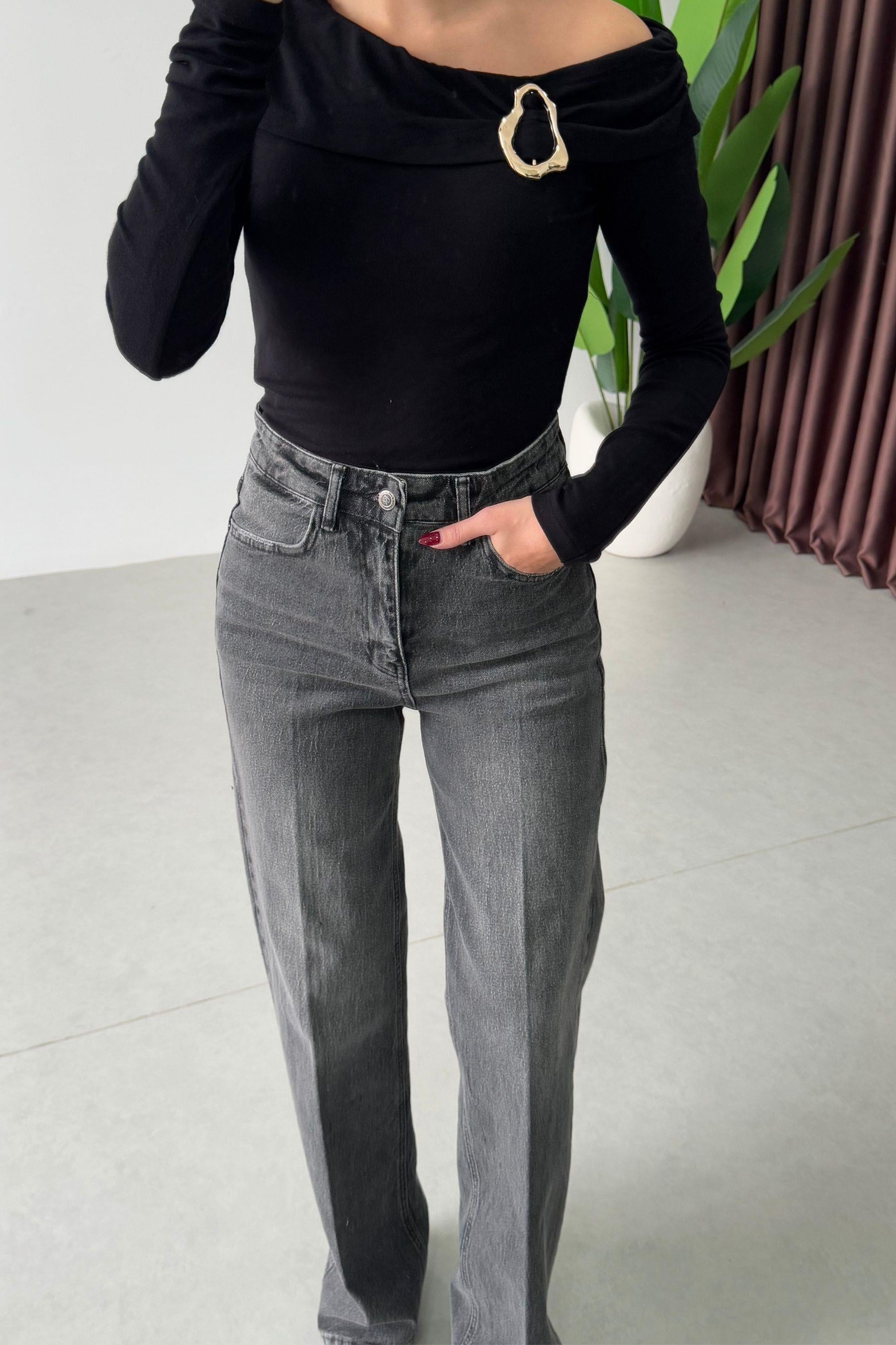 Rasia Gri Eskitmeli Wide Leg Jean