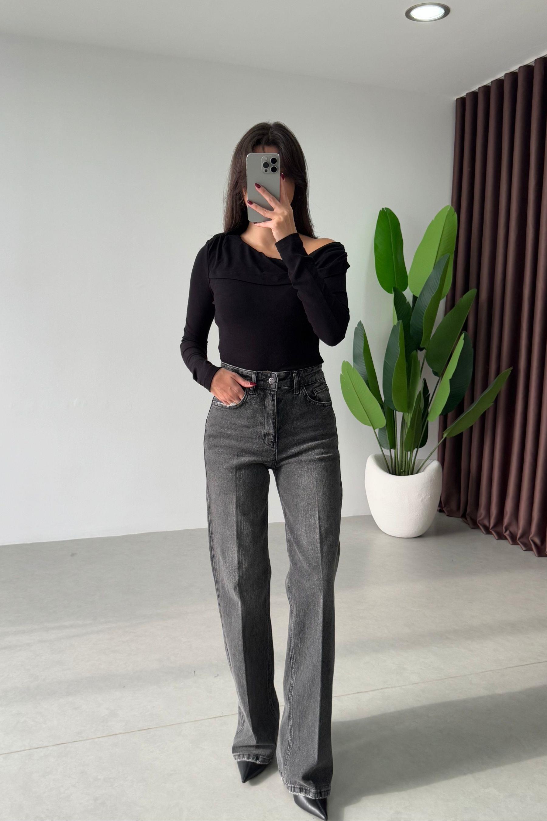 Rasia Gri Eskitmeli Wide Leg Jean