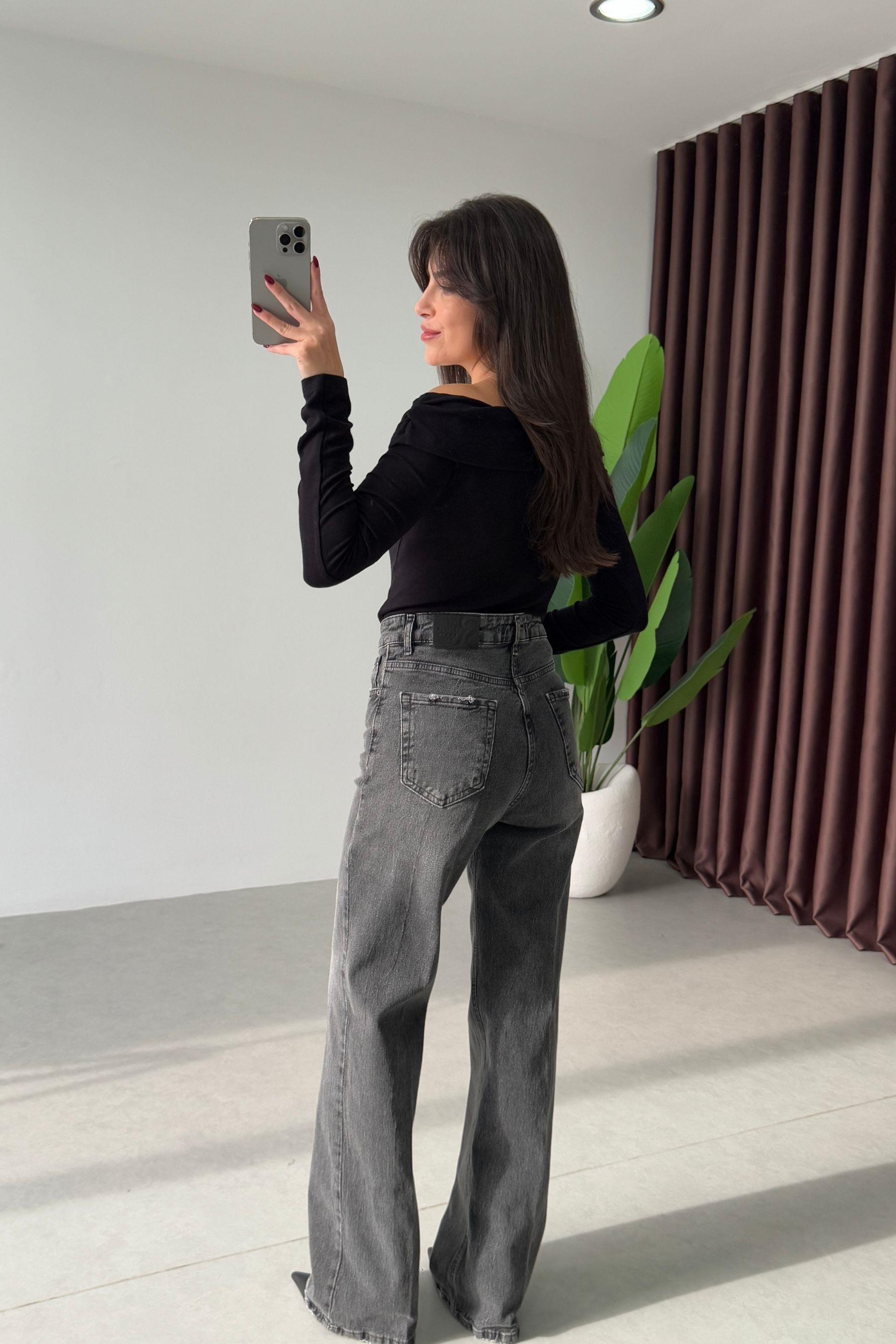 Rasia Gri Eskitmeli Wide Leg Jean