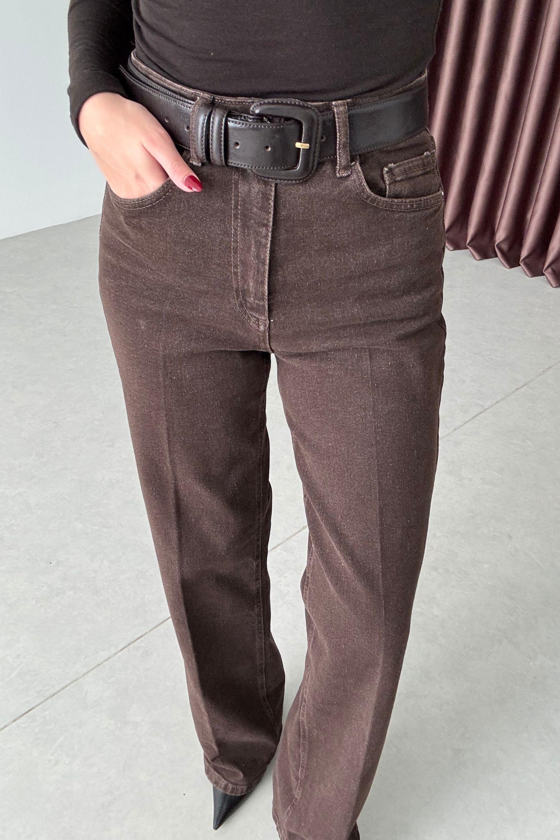 Rasia Kahve Eskitmeli Wide Leg Jean