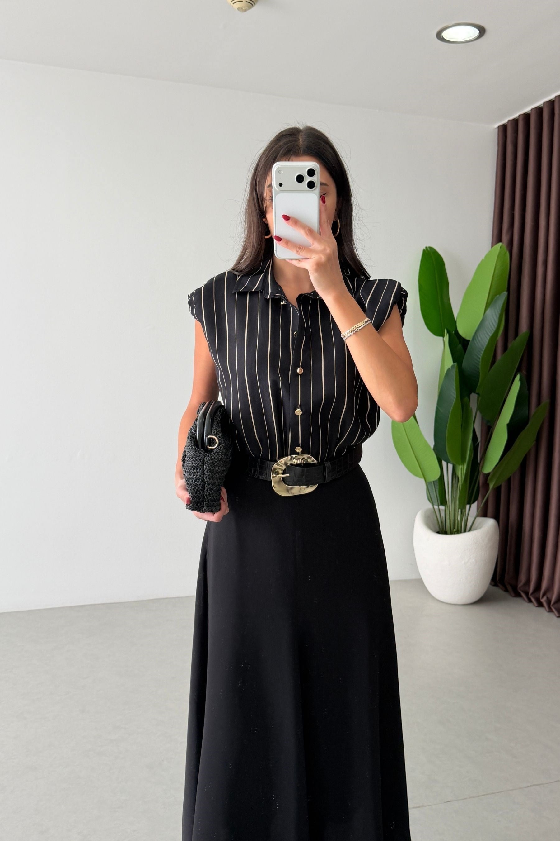 Rasia Dlvn Siyah Çizgili Kemerli Gömlek Elbise