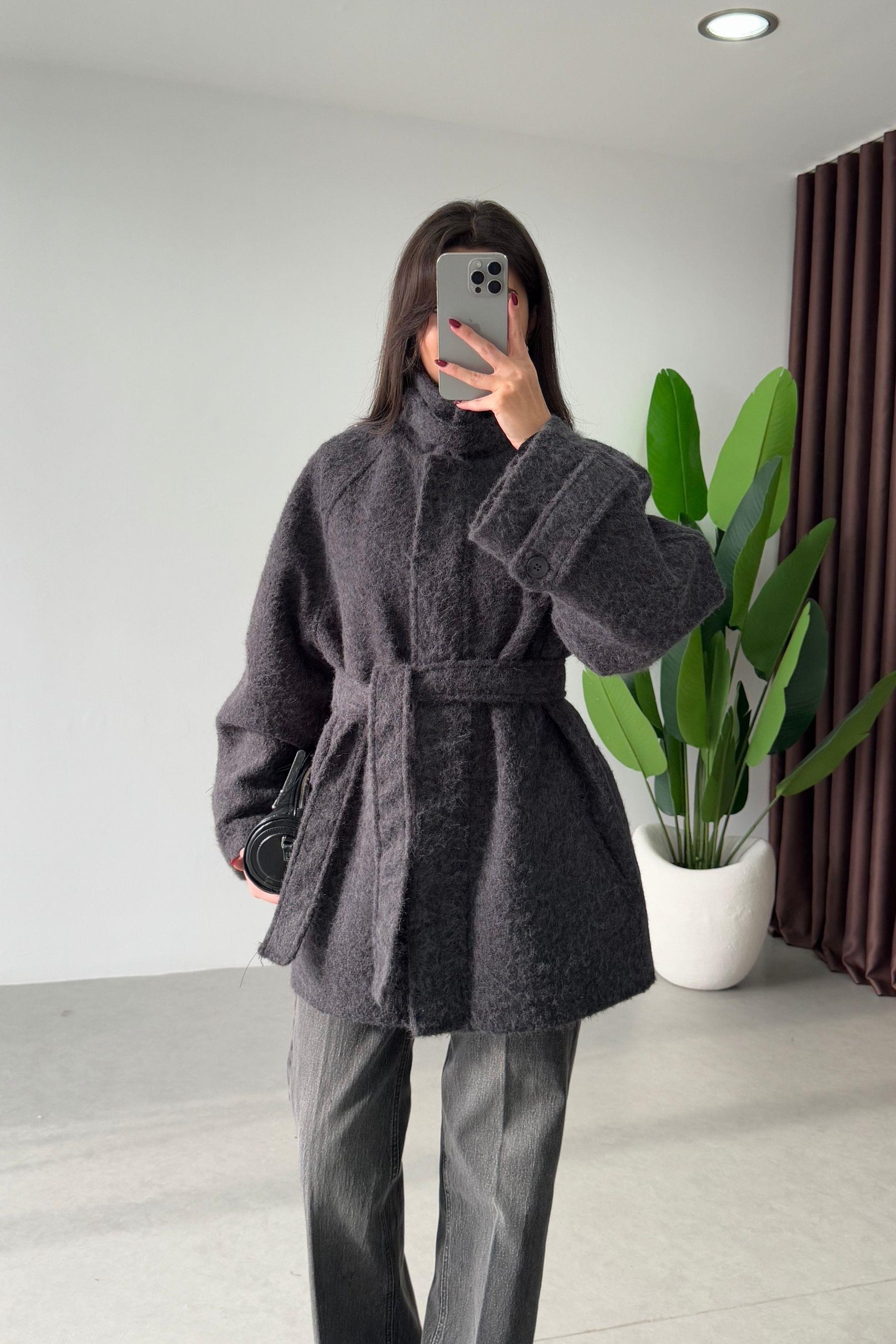 Ravin Antrasit Dik Yaka Kuşaklı Buklet Kaban