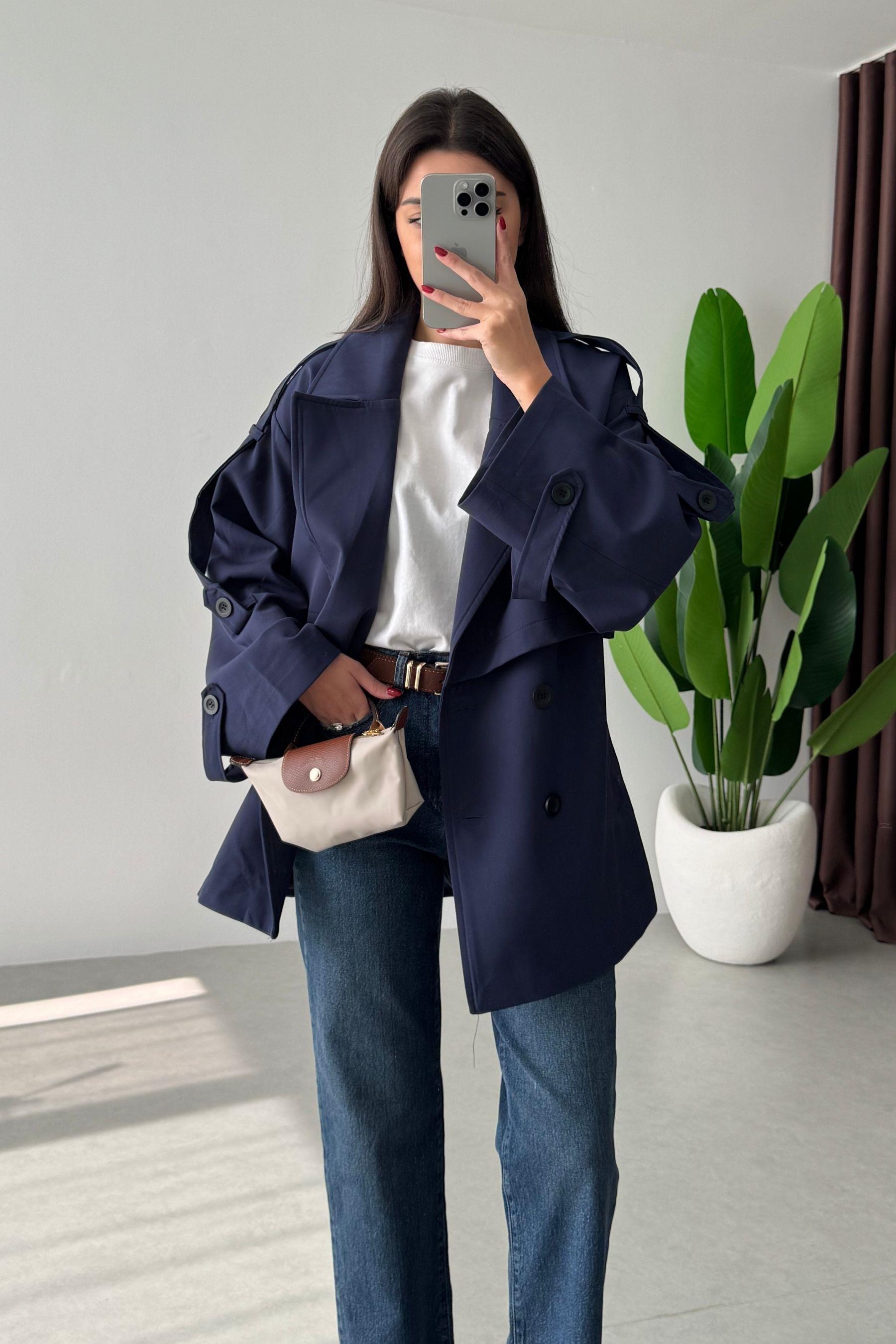 Reena Lacivert Premium Midi Boy Trençkot