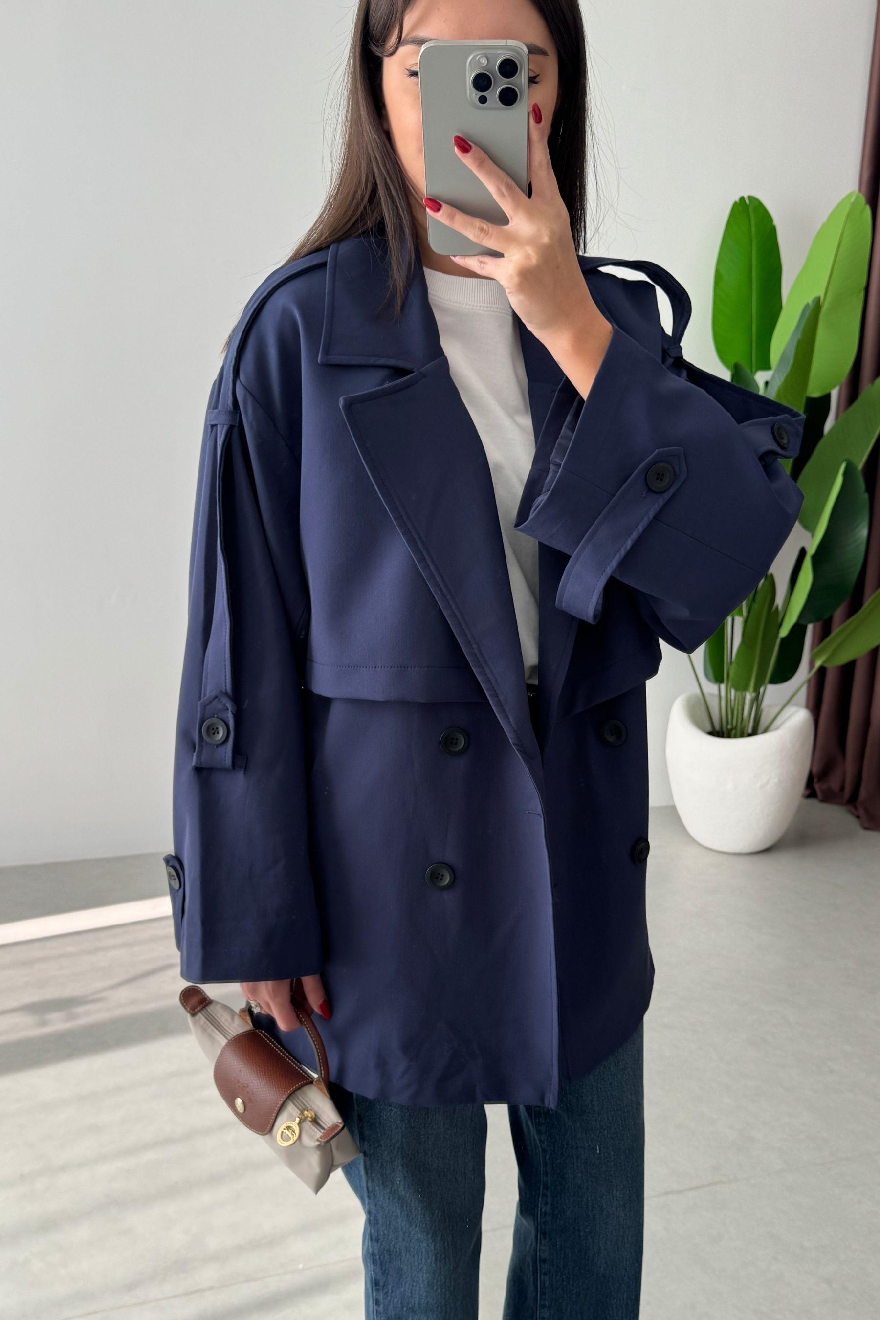 Reena Lacivert Premium Midi Boy Trençkot