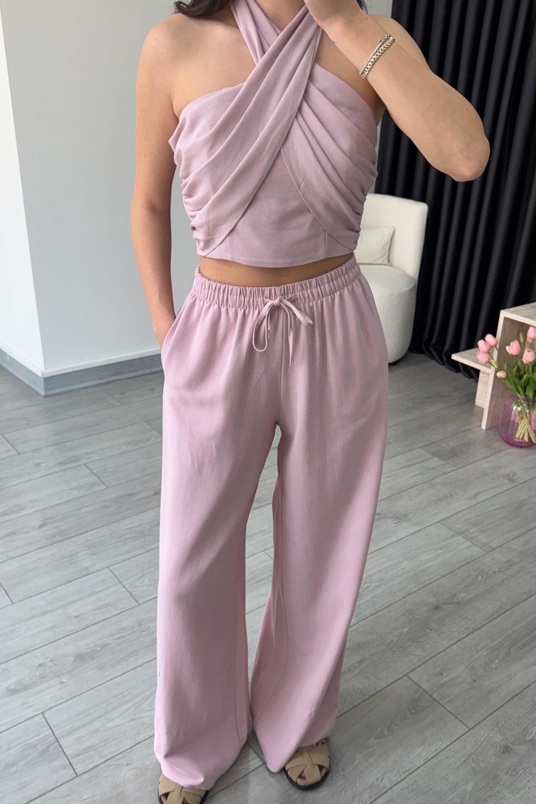 Reina Pembe Boyundan Bağlamalı Keten Takım