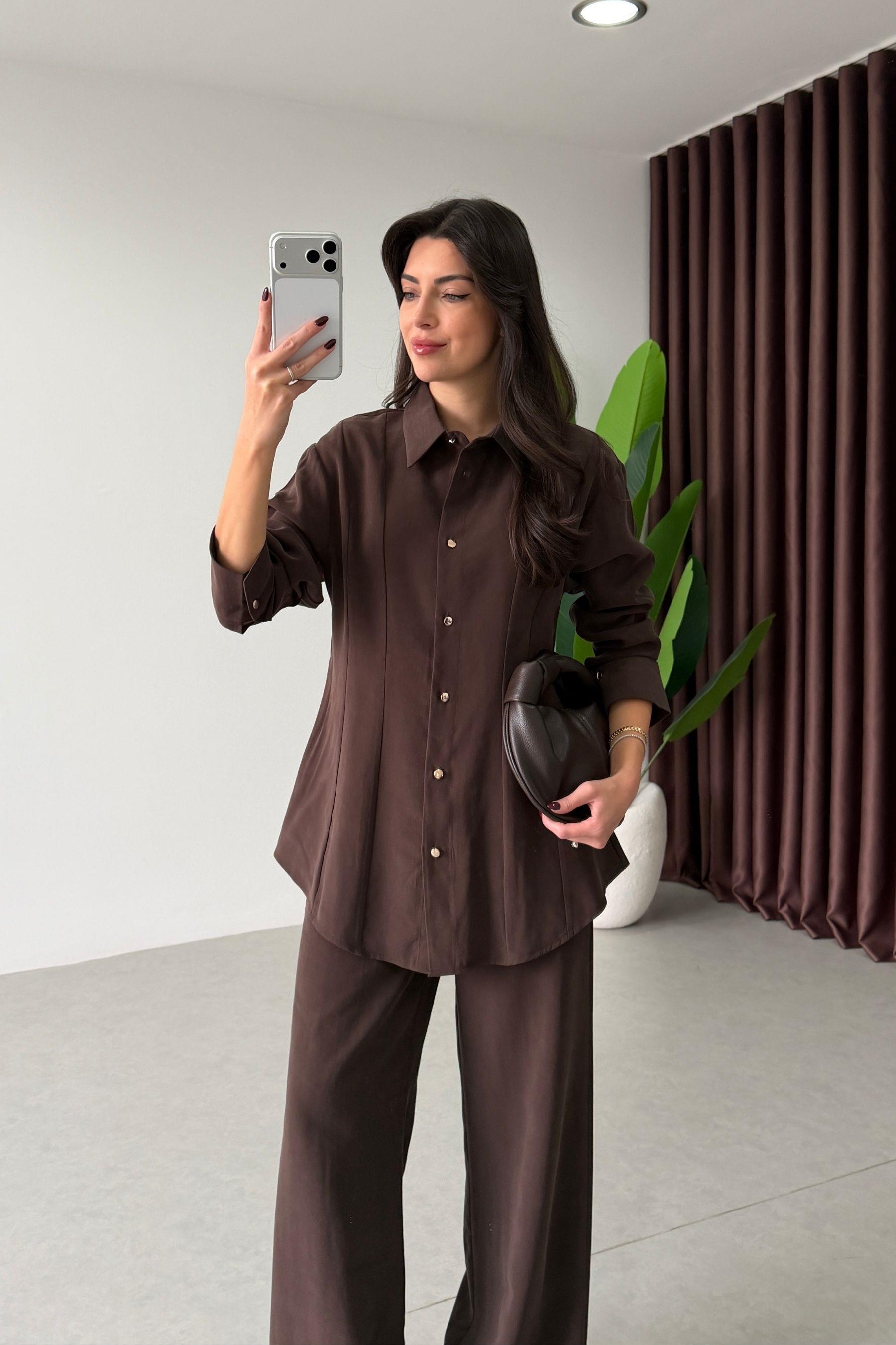 Renza Kahve Belden Oturtmalı Bluz Pantolon Takım