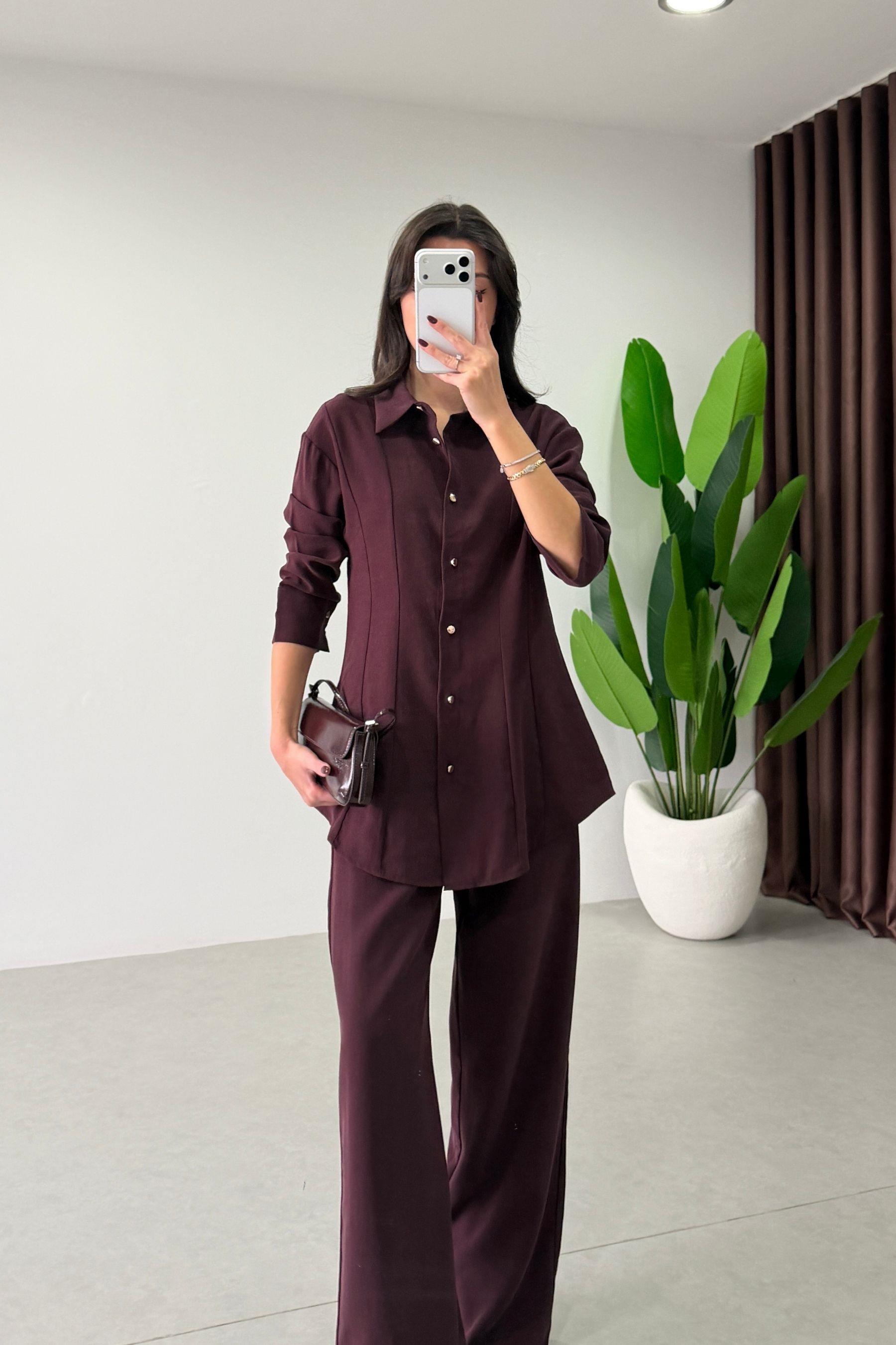 Renza Mürdüm Belden Oturtmalı Bluz Pantolon Takım