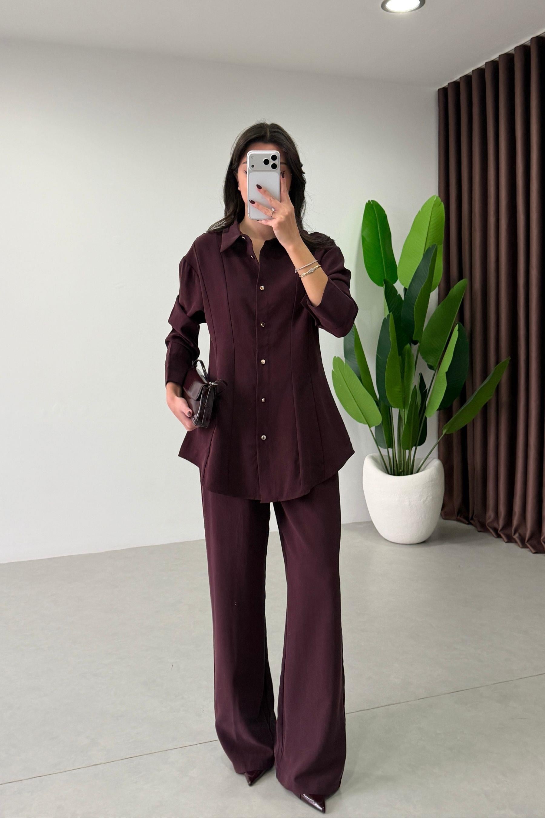 Renza Mürdüm Belden Oturtmalı Bluz Pantolon Takım